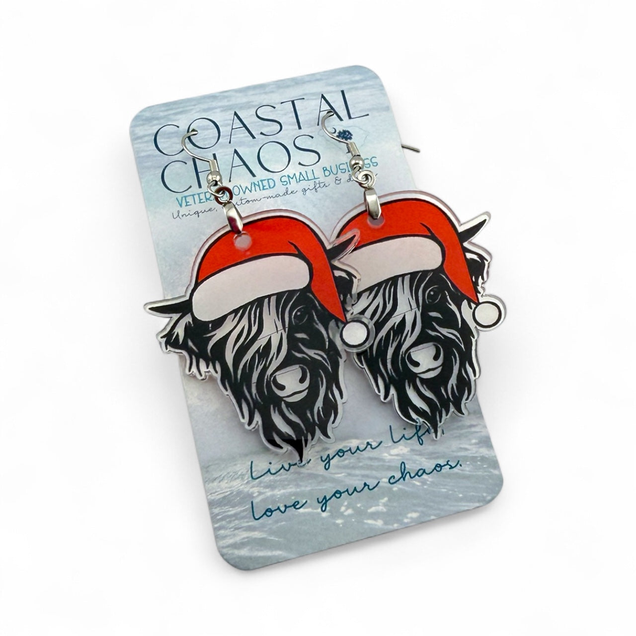 Highland Cow Earrings – Handmade Acrylic Christmas Earrings | Santa Hat, Rustic Holiday Gift