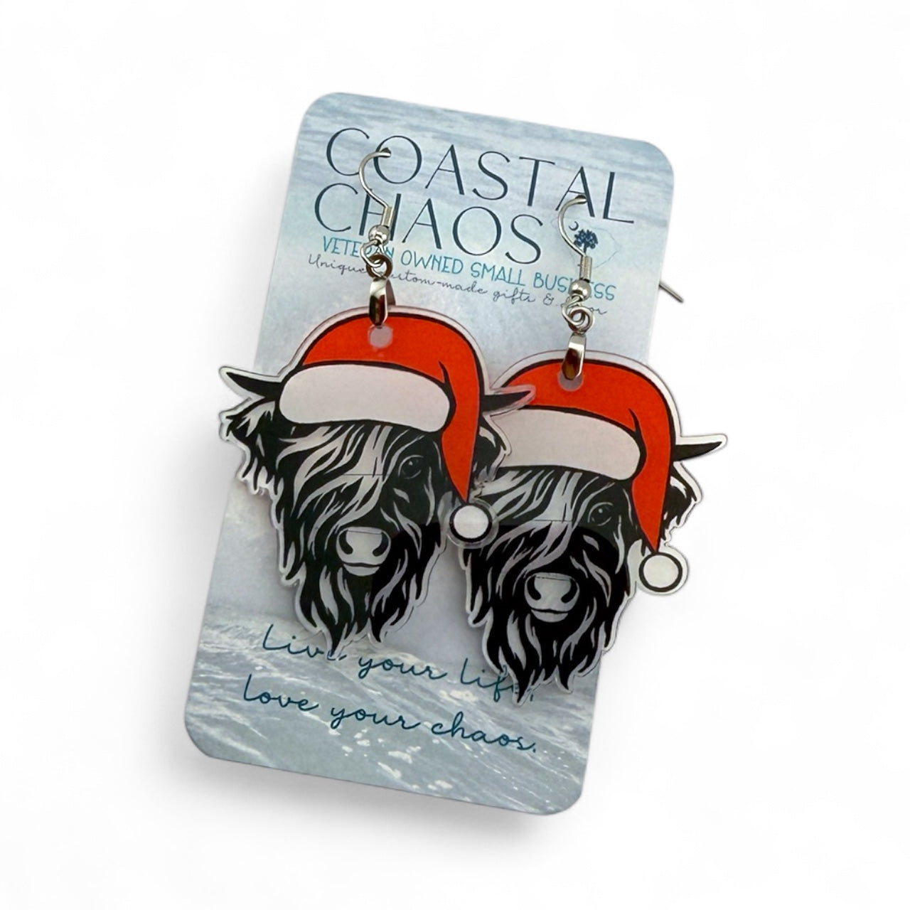 Highland Cow Earrings – Handmade Acrylic Christmas Earrings | Santa Hat, Rustic Holiday Gift