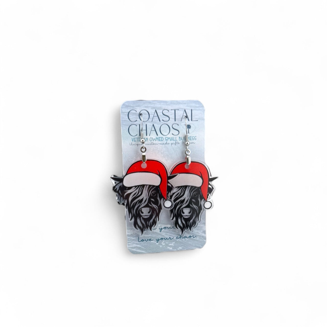 Highland Cow Earrings – Handmade Acrylic Christmas Earrings | Santa Hat, Rustic Holiday Gift