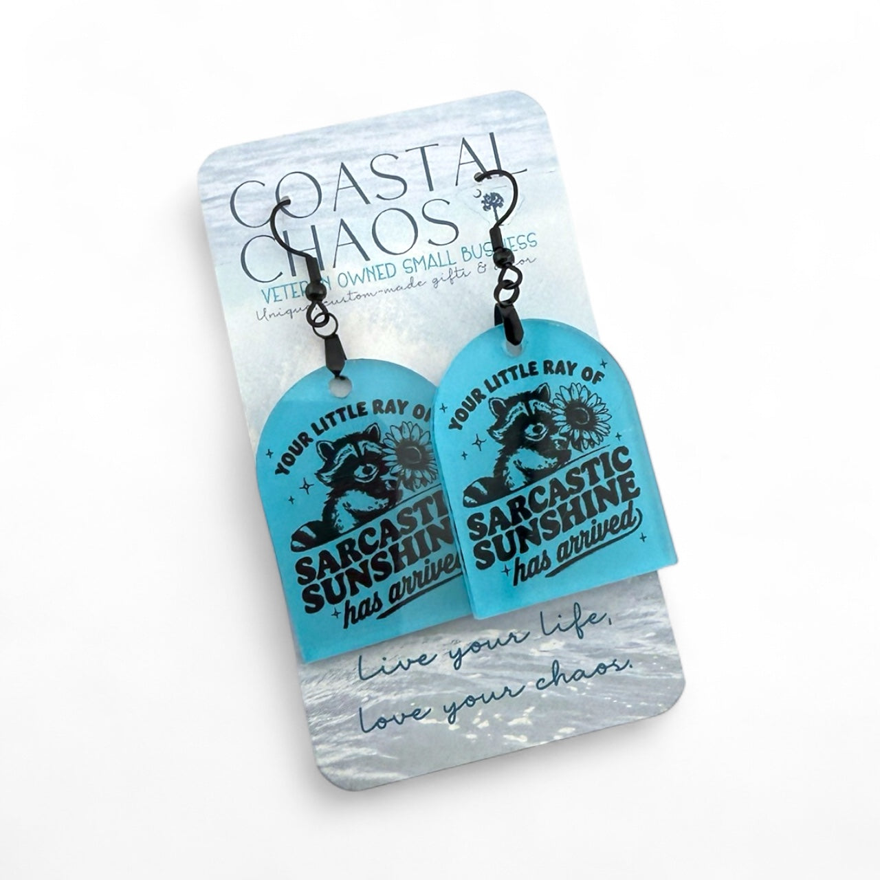 Sarcastic Sunshine Earrings – Blue Acrylic Dangle Earrings with Funny Raccoon Design