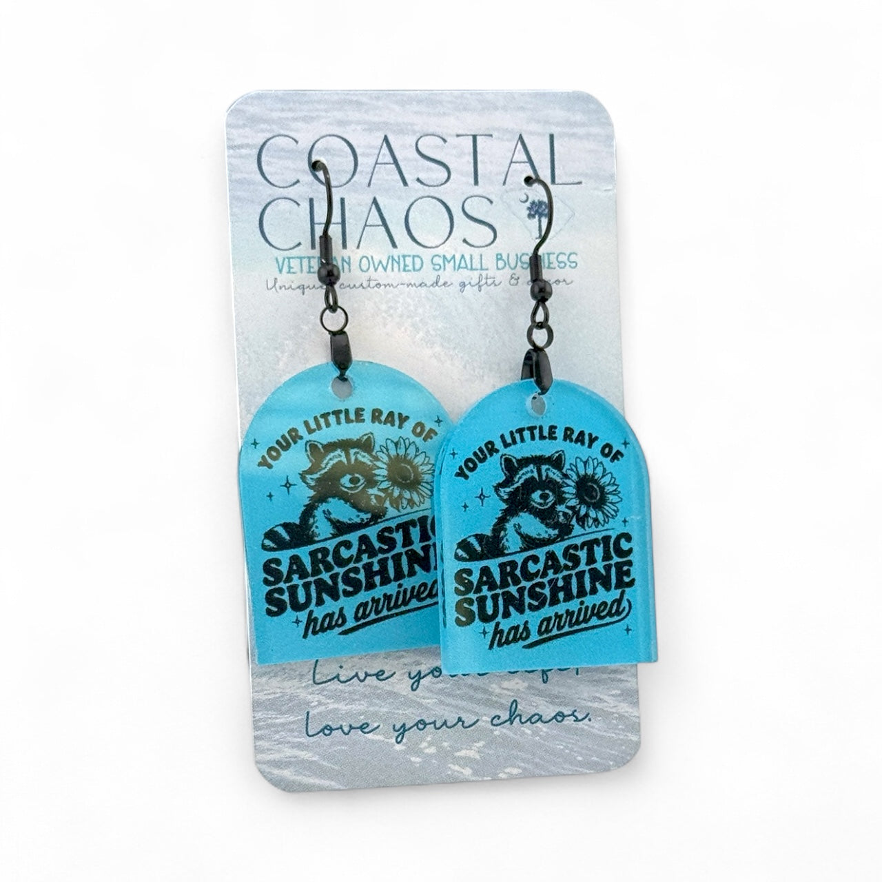Sarcastic Sunshine Earrings – Blue Acrylic Dangle Earrings with Funny Raccoon Design