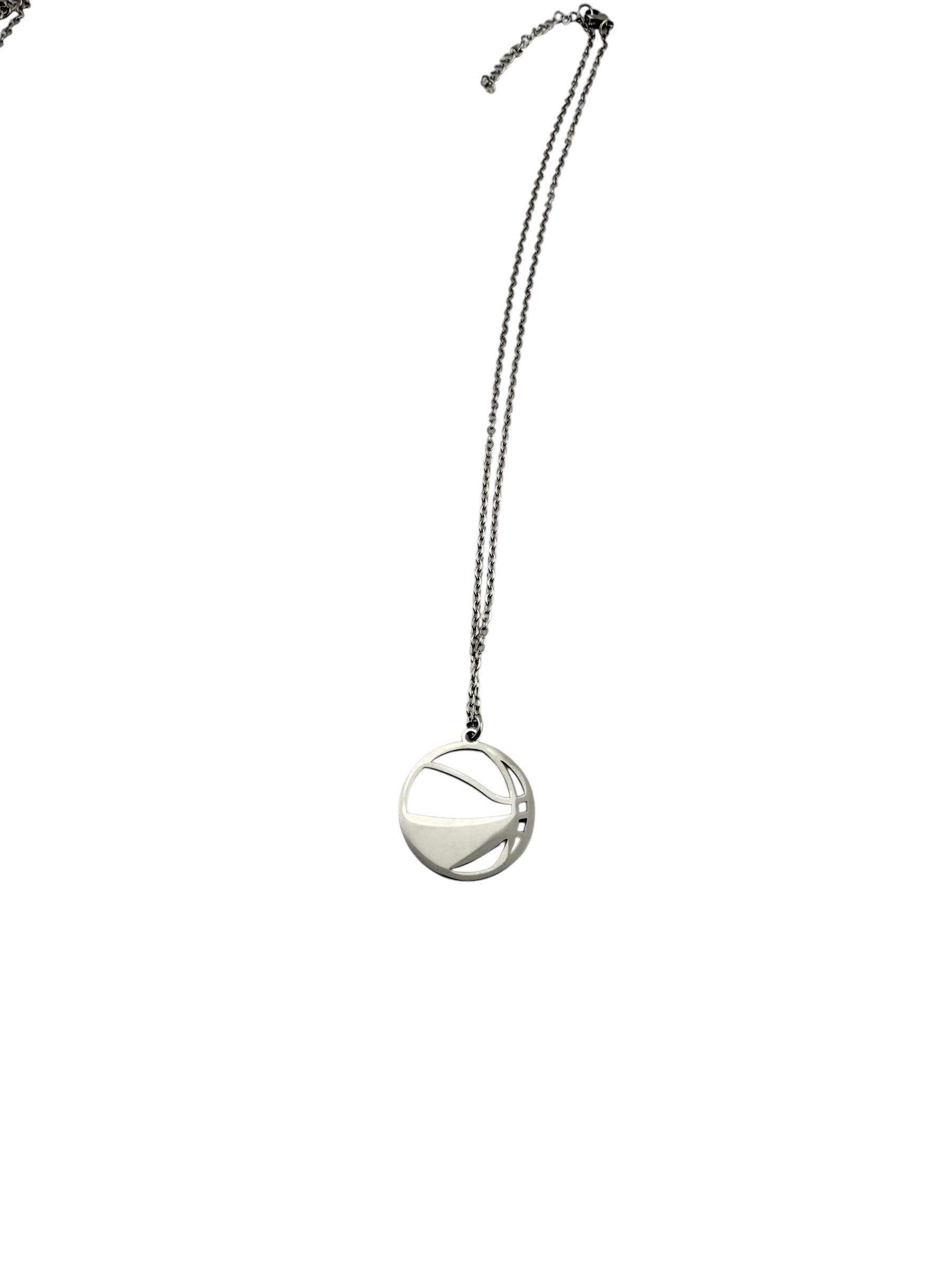 A silver necklace with a circular pendant featuring a basketball design.