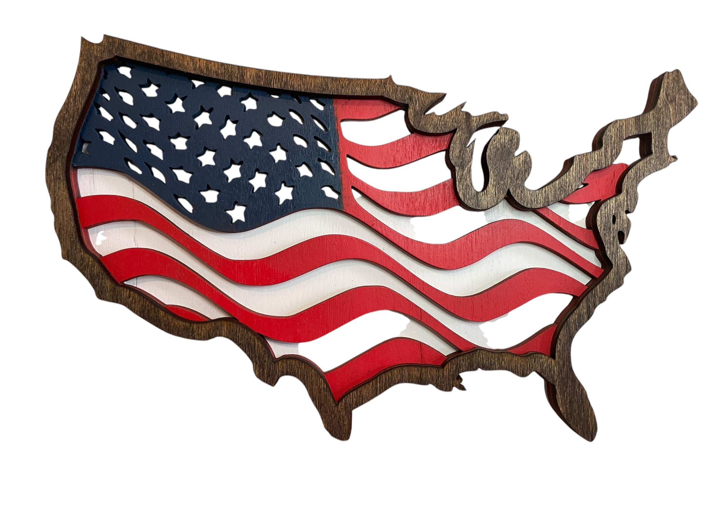 a wooden cutout of the United States of America, with the American flag as the central design element.