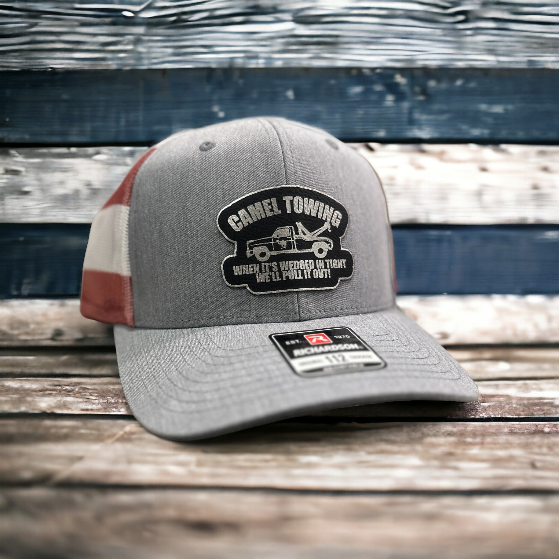 Camel Towing Hat - Richardson Hats With Custom Leather Patch, Heat Pressed Patches