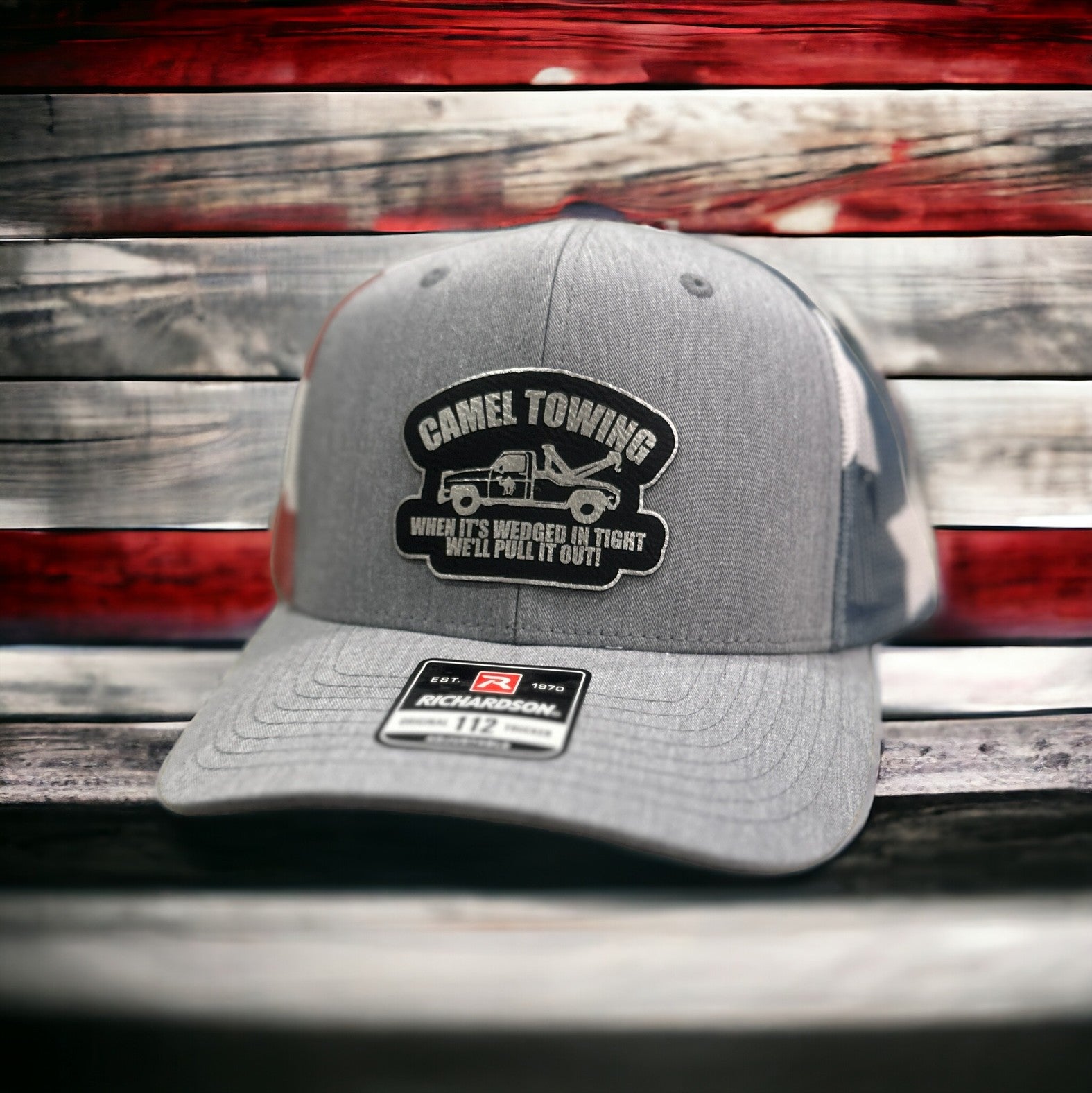 Camel Towing Hat - Richardson Hats With Custom Leather Patch, Heat Pressed Patches