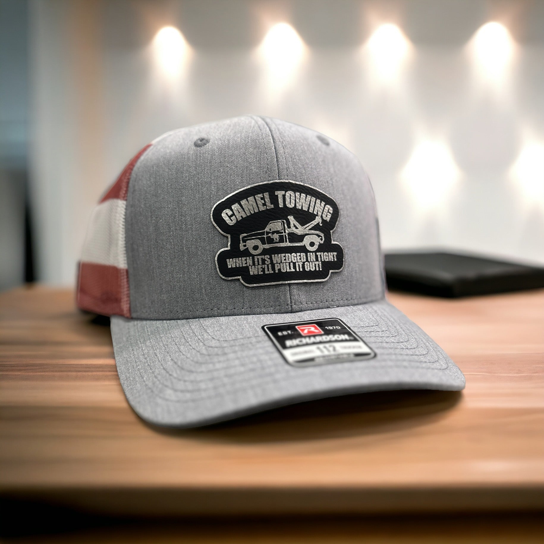 Camel Towing Hat - Richardson Hats With Custom Leather Patch, Heat Pressed Patches