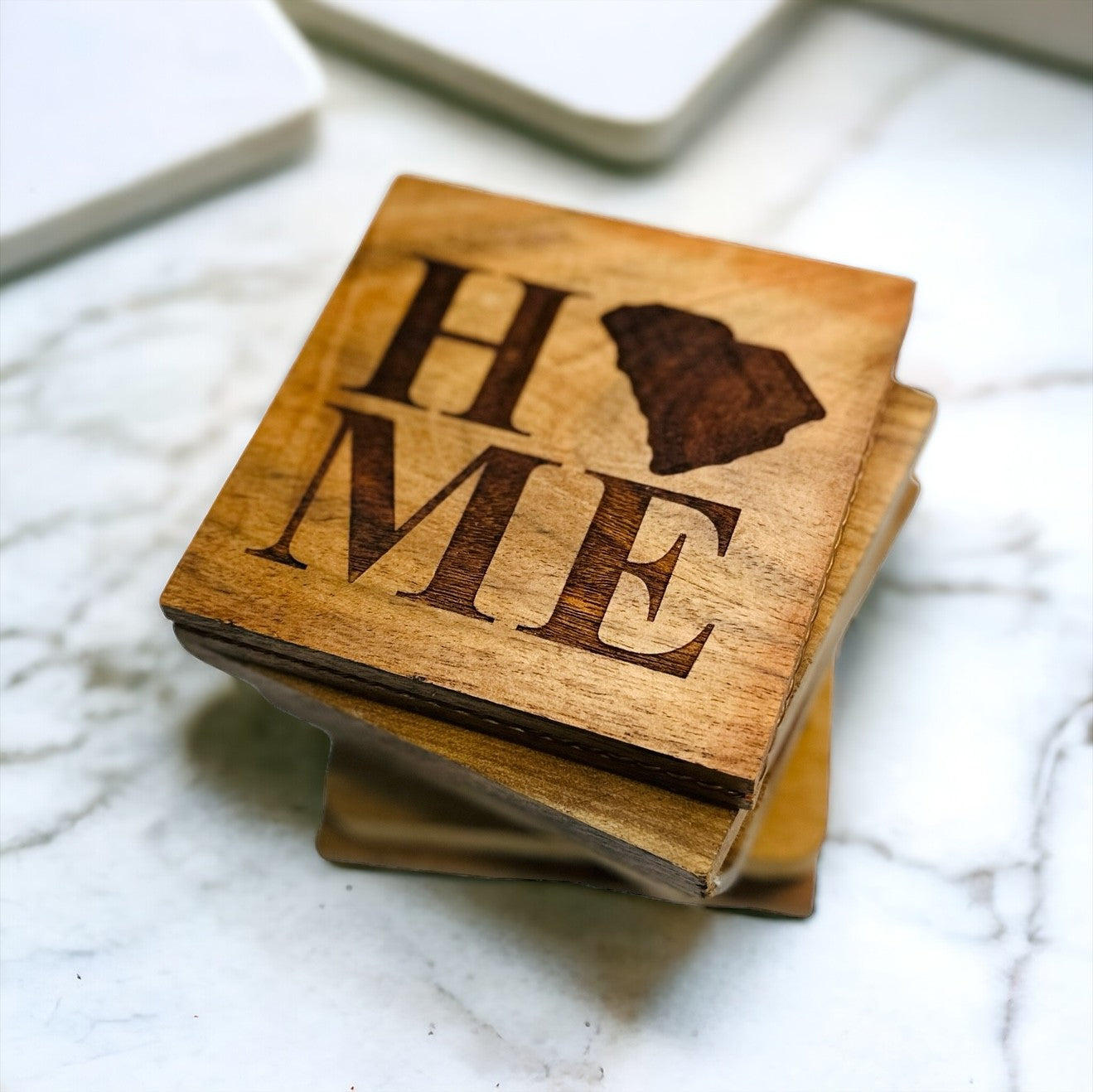 Personalized Wooden Coasters | Custom State Coasters with Laser Engraved HOME Design