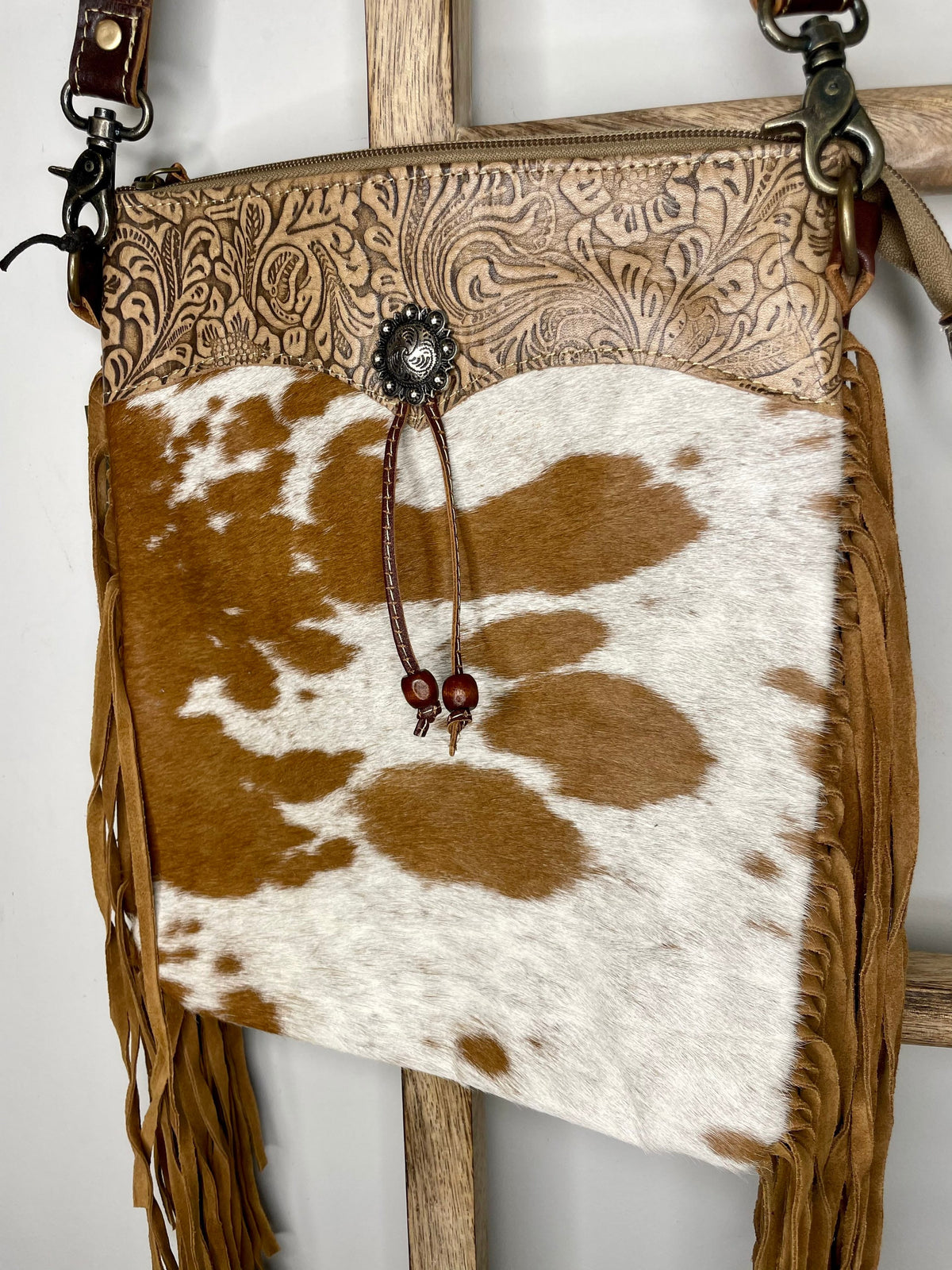 Myra Bag Caramel dash leather and hair on bag, purse, women, gift, Anniversary, Birthday, Valentines Day, trendy, western - Coastal Chaos LLC