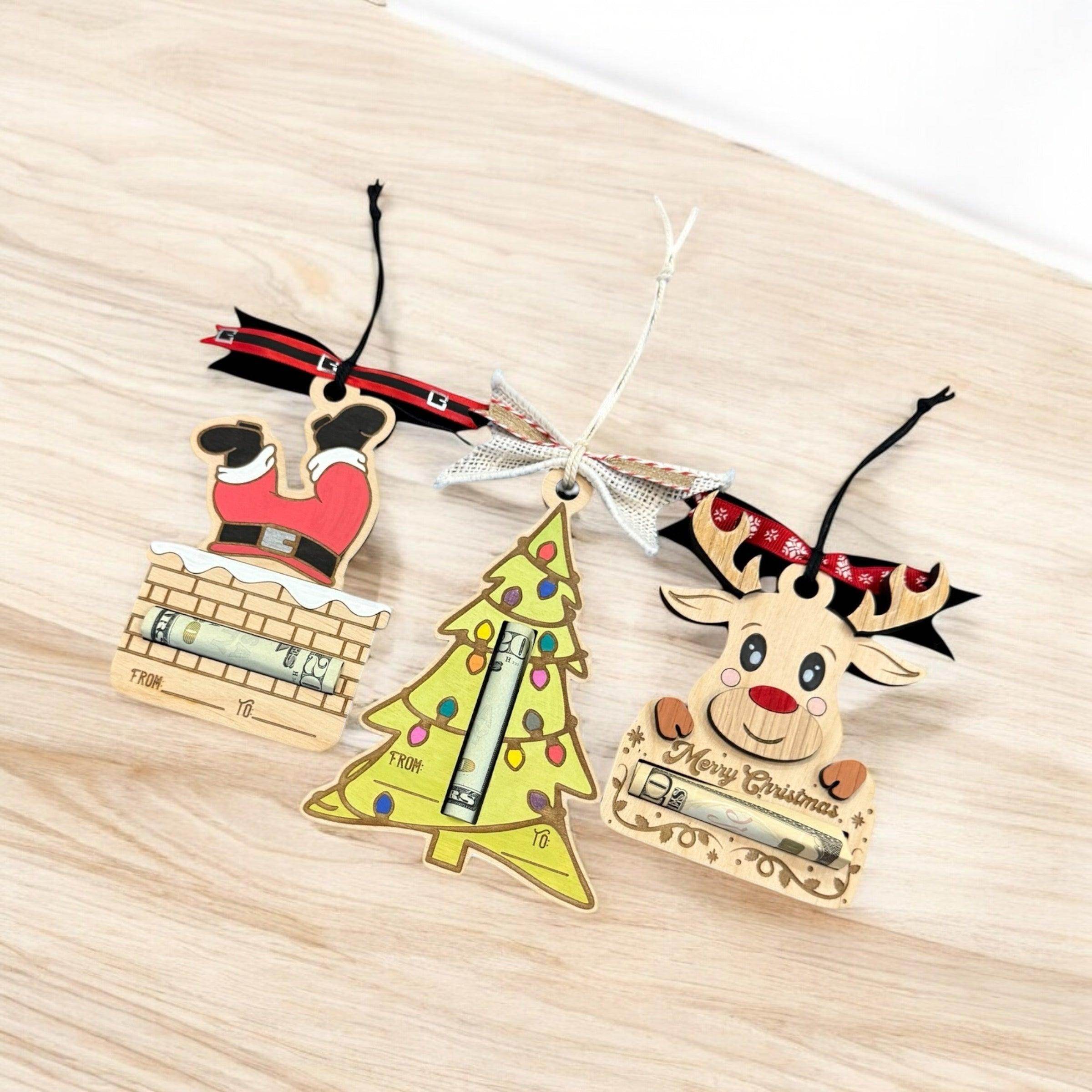 Festive Wooden Money Holder Christmas Ornaments - Santa, Reindeer, & Tree - Unique Holiday Gift (Money Not Included) - Coastal Chaos LLC