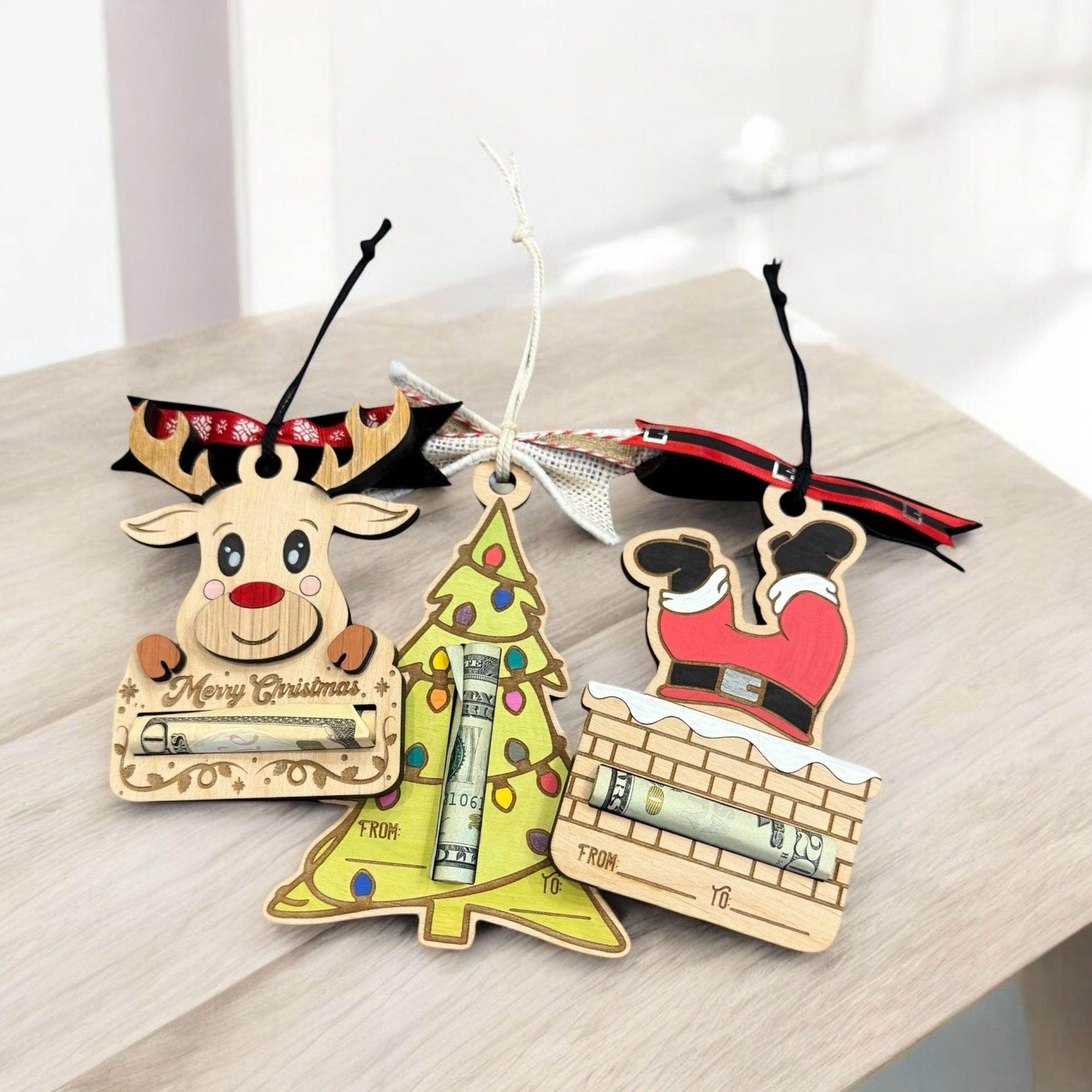 Festive Wooden Money Holder Christmas Ornaments - Santa, Reindeer, & Tree - Unique Holiday Gift (Money Not Included) - Coastal Chaos LLC