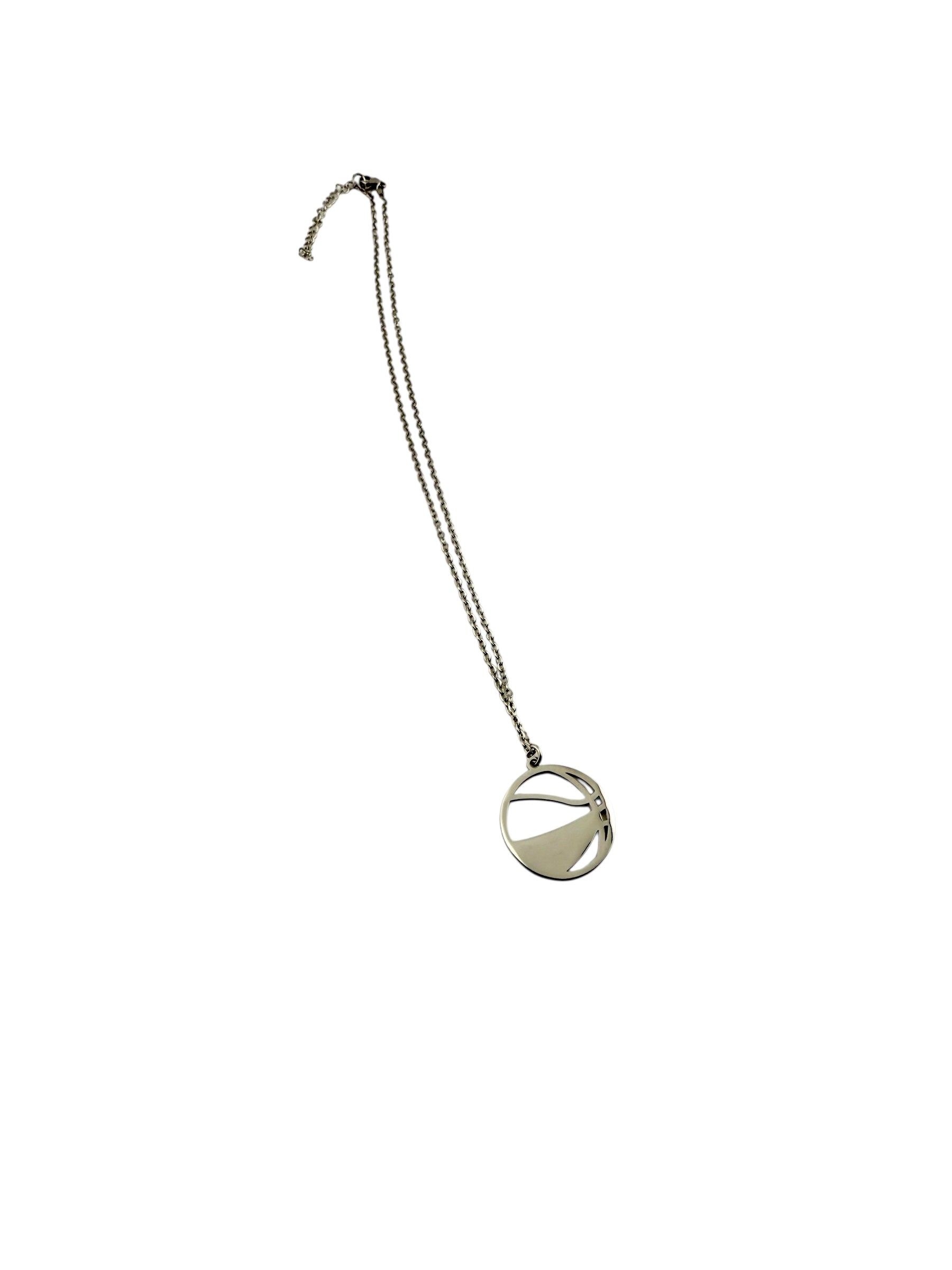 A silver necklace with a circular pendant featuring a basketball design.