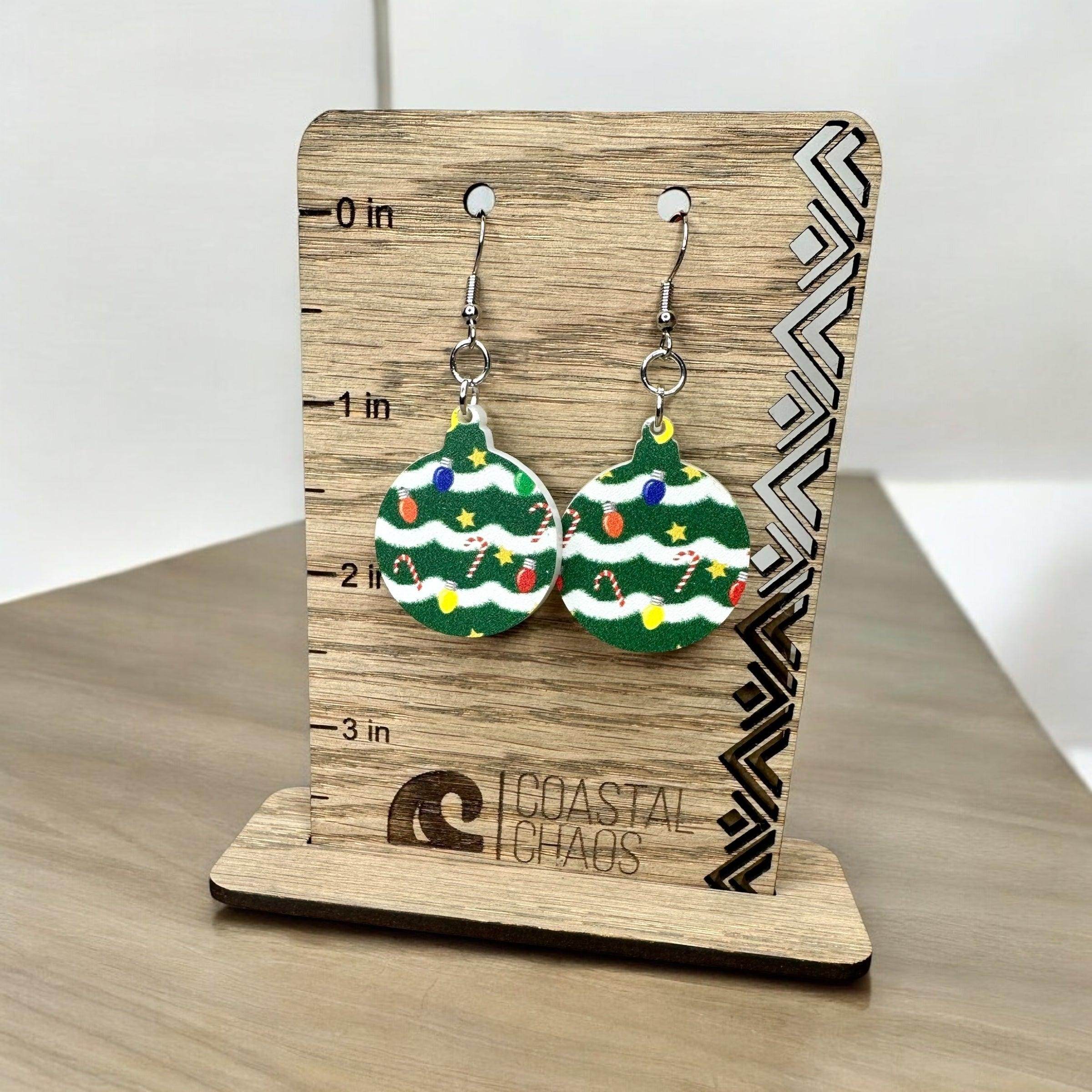 Christmas tree print ornament acrylic dangle & stud Earrings, Christmas present, earrings, sassy, fun, womens gift, jewelry - Coastal Chaos LLC