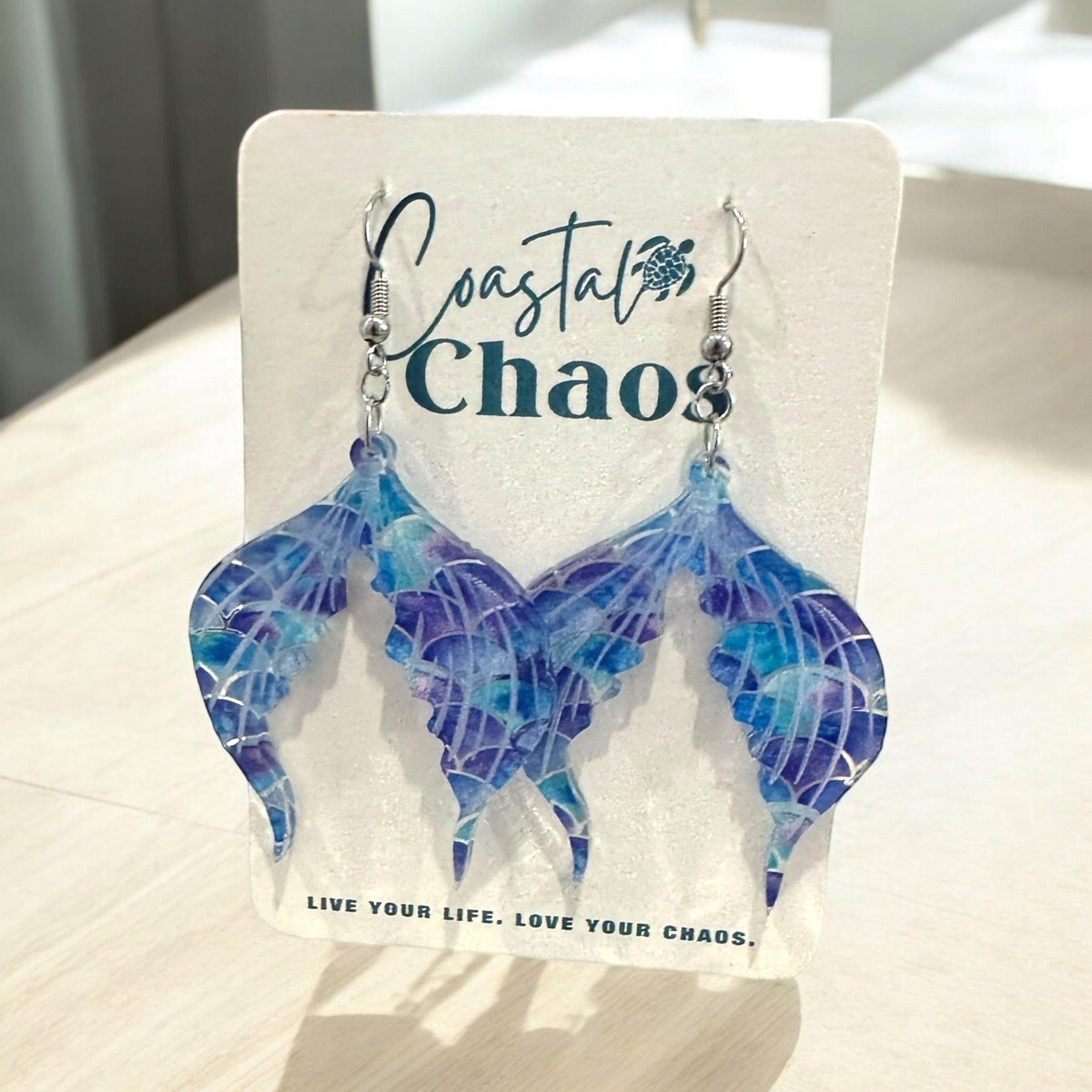 Mermaid pattern earrings, leaf, mermaid tail, mermaid scales, dangle earrings - Coastal Chaos LLC