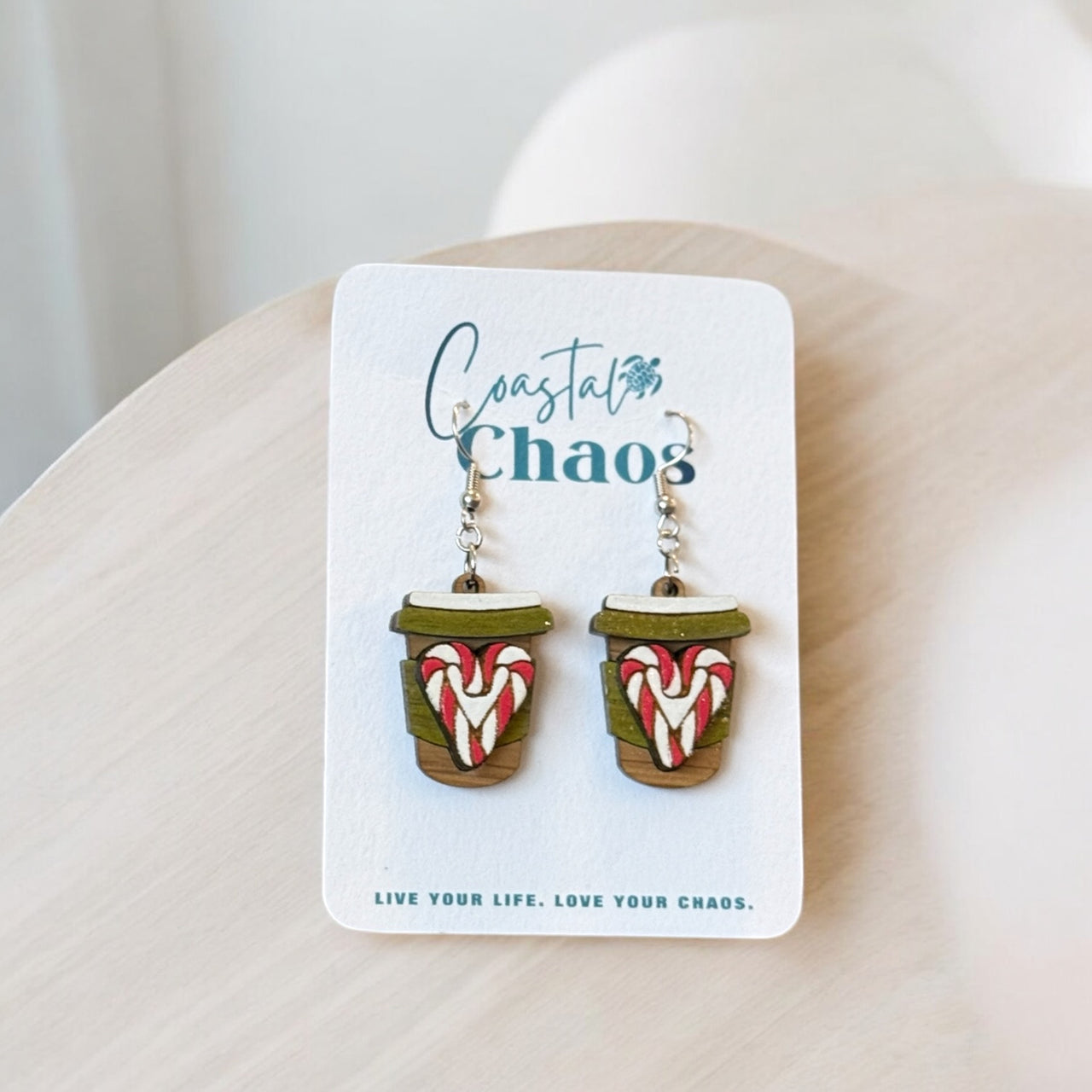 Holiday Coffee Cup Earrings - Festive Christmas Jewelry with Candy Cane Heart