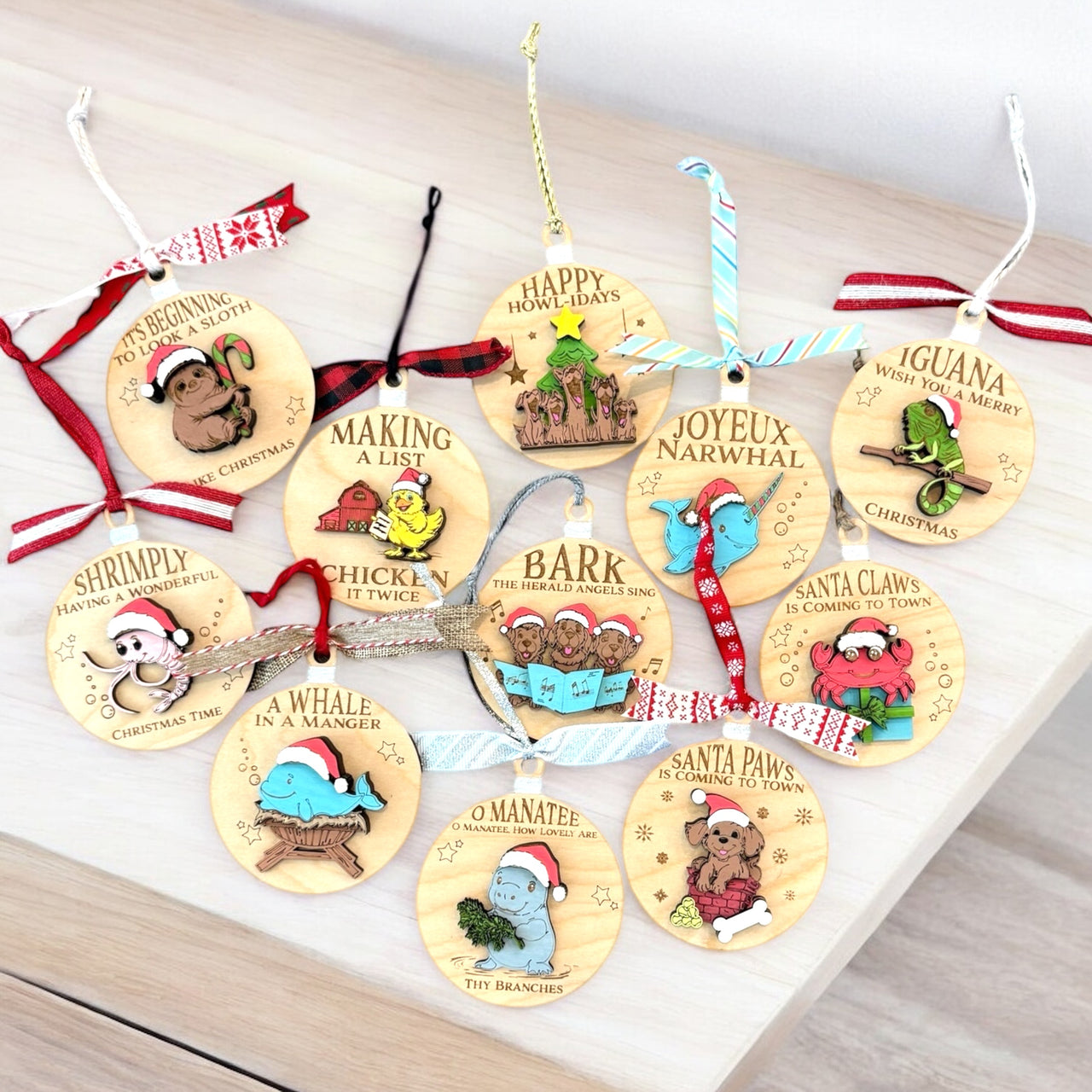 Fun animal ornaments, handcrafted wooden Christmas ornaments