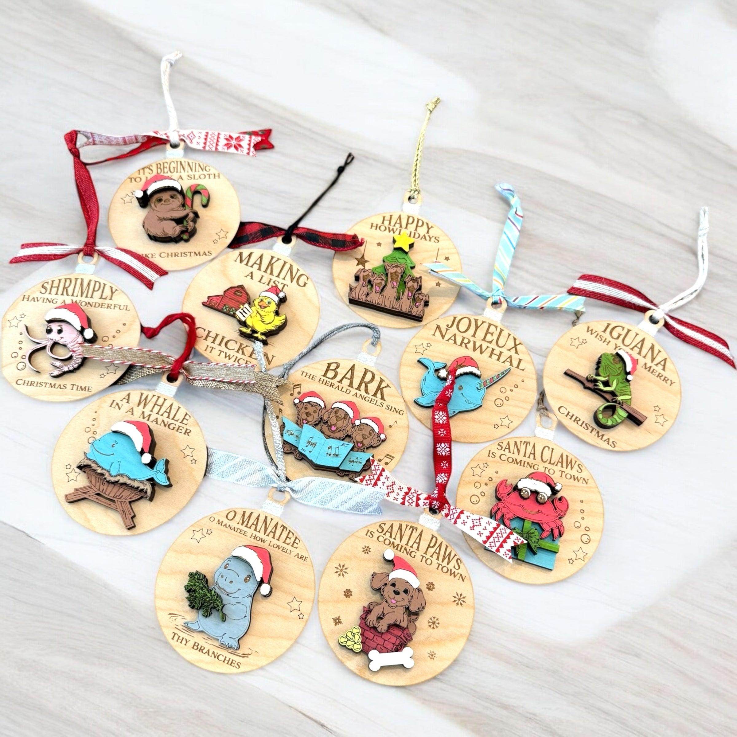 Fun animal ornaments, handcrafted wooden Christmas ornaments - Coastal Chaos LLC