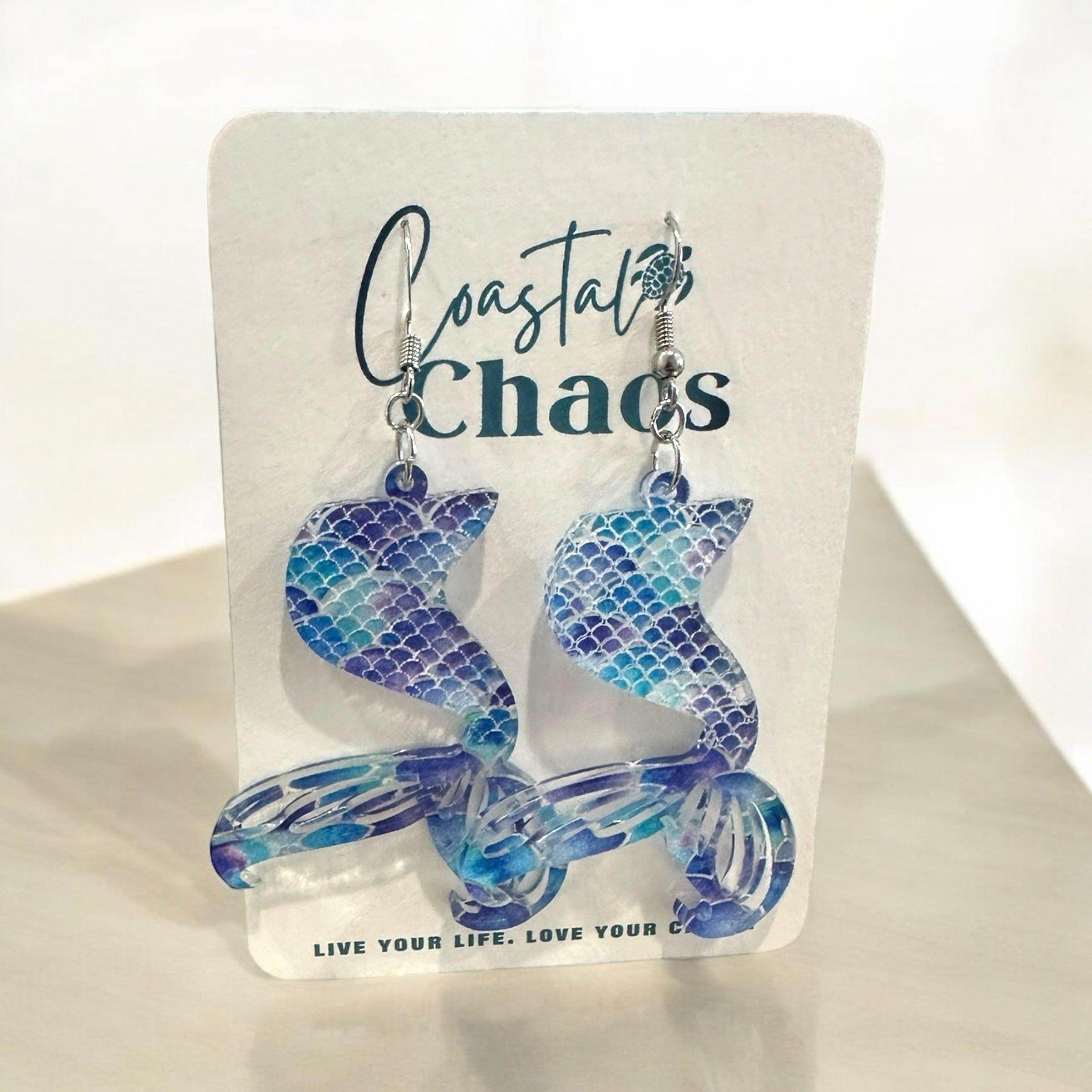 Mermaid pattern earrings, leaf, mermaid tail, mermaid scales, dangle earrings - Coastal Chaos LLC