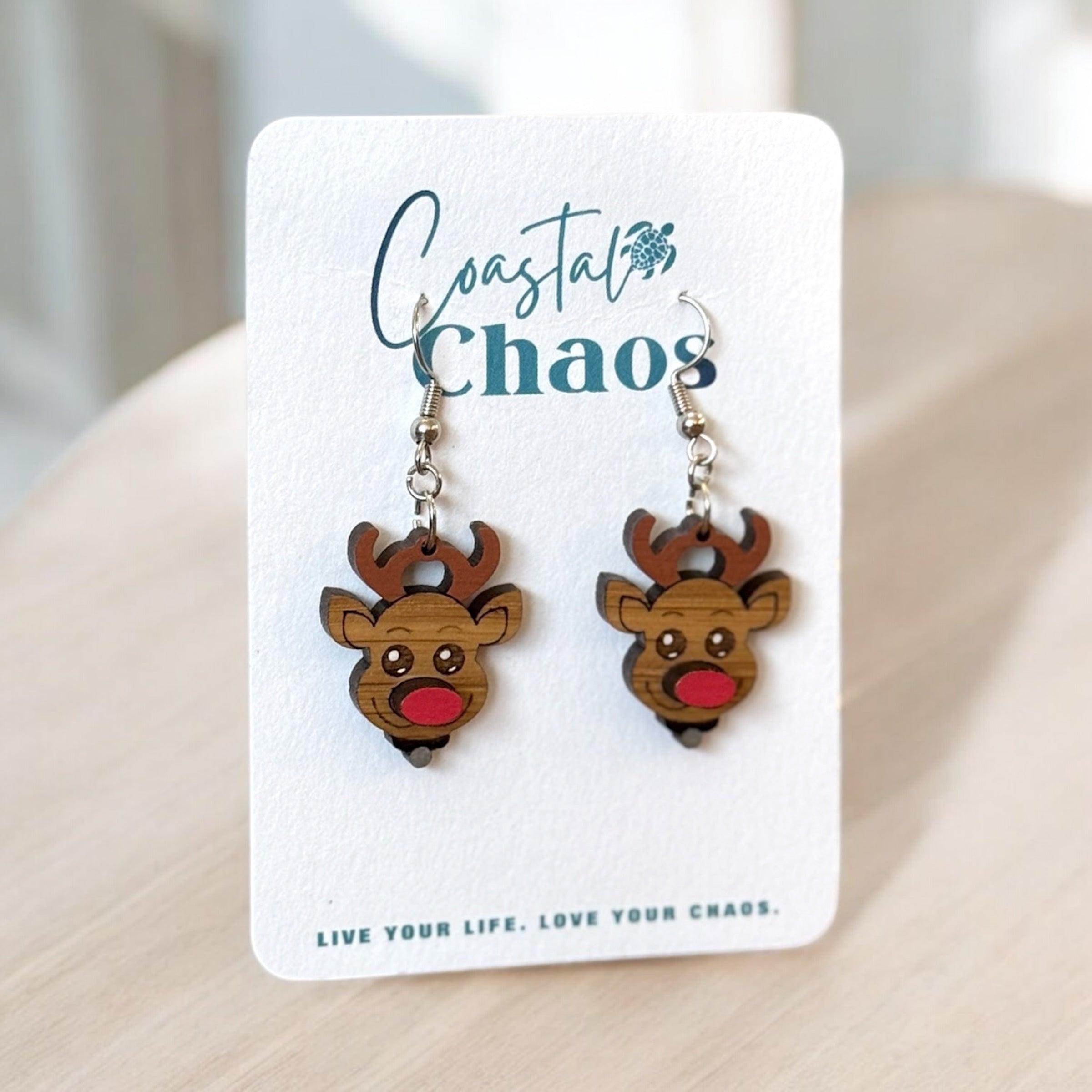 Cute Wooden Reindeer Earrings - Festive Christmas Jewelry by Coastal Chaos - Coastal Chaos LLC
