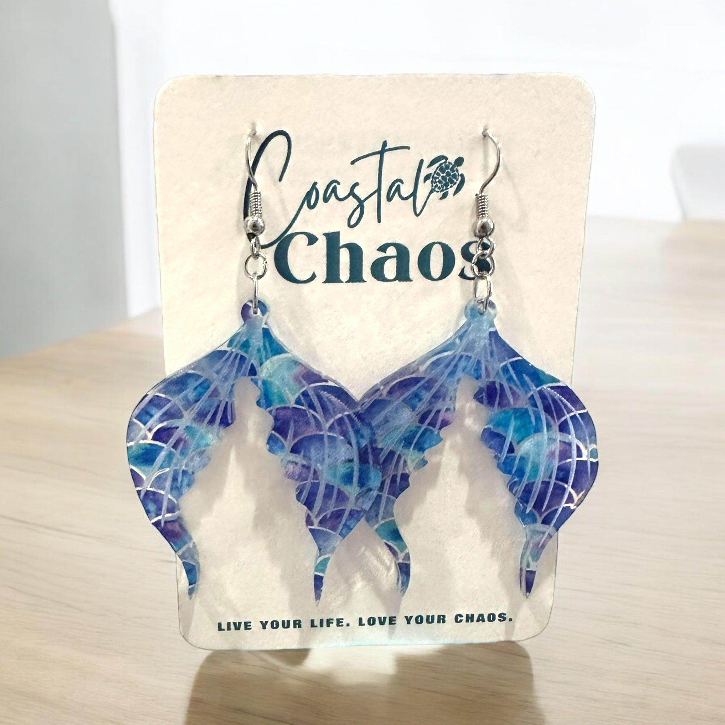 Mermaid pattern earrings, leaf, mermaid tail, mermaid scales, dangle earrings - Coastal Chaos LLC