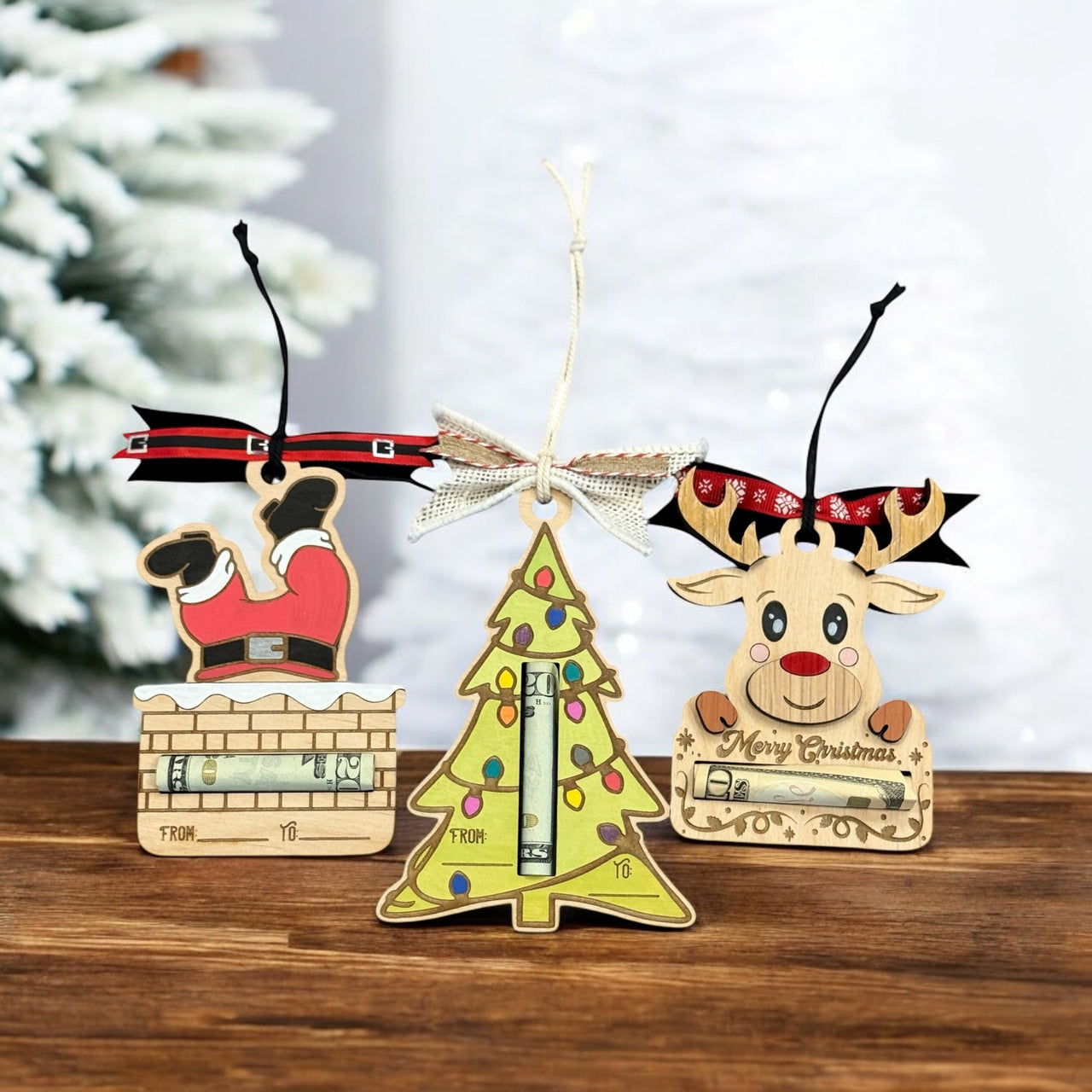 Festive Wooden Money Holder Christmas Ornaments - Santa, Reindeer, & Tree - Unique Holiday Gift (Money Not Included)