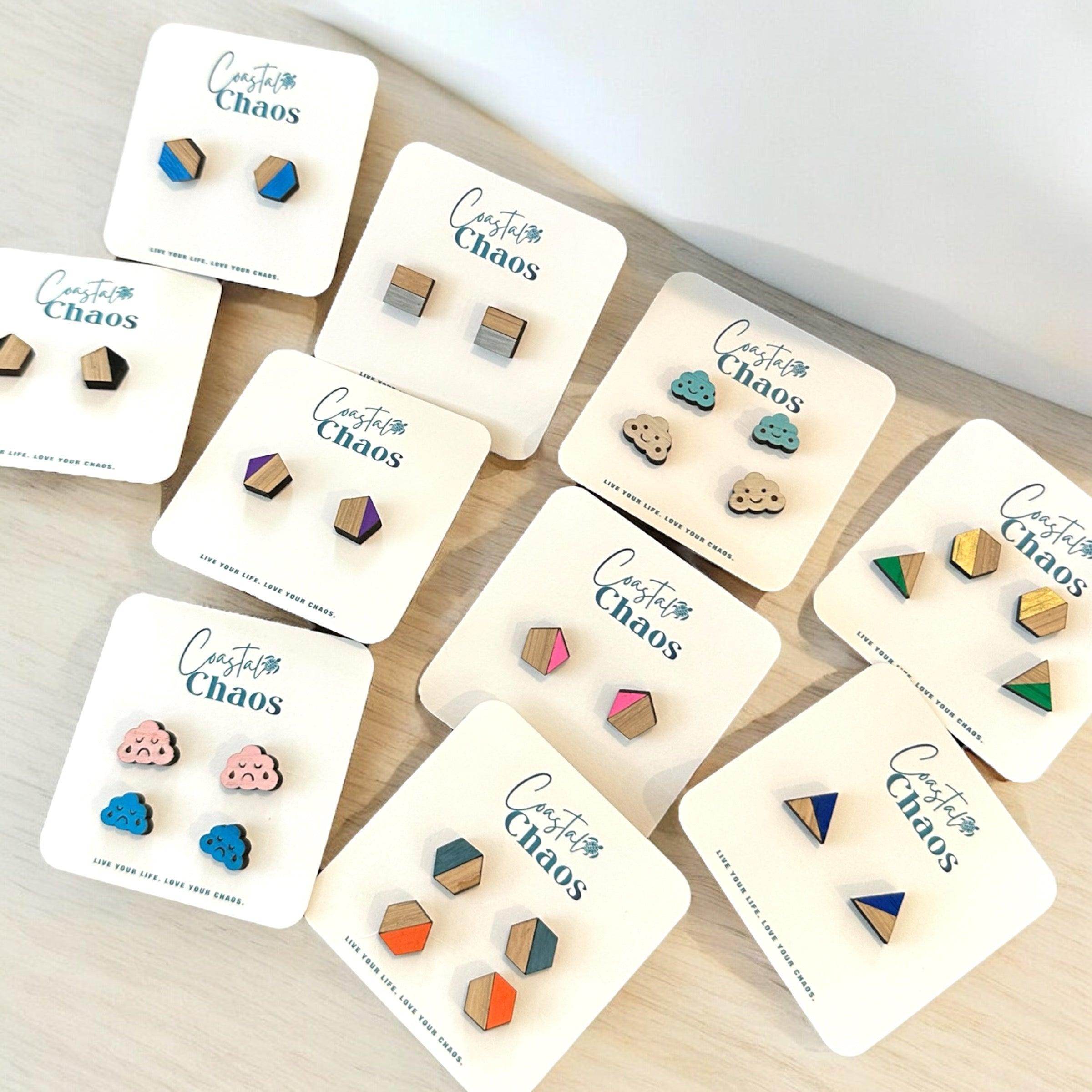Handmade geometric & cloud stud earrings, Custom stud earrings, handmade earrings, geometric stud earrings - Coastal Chaos LLC