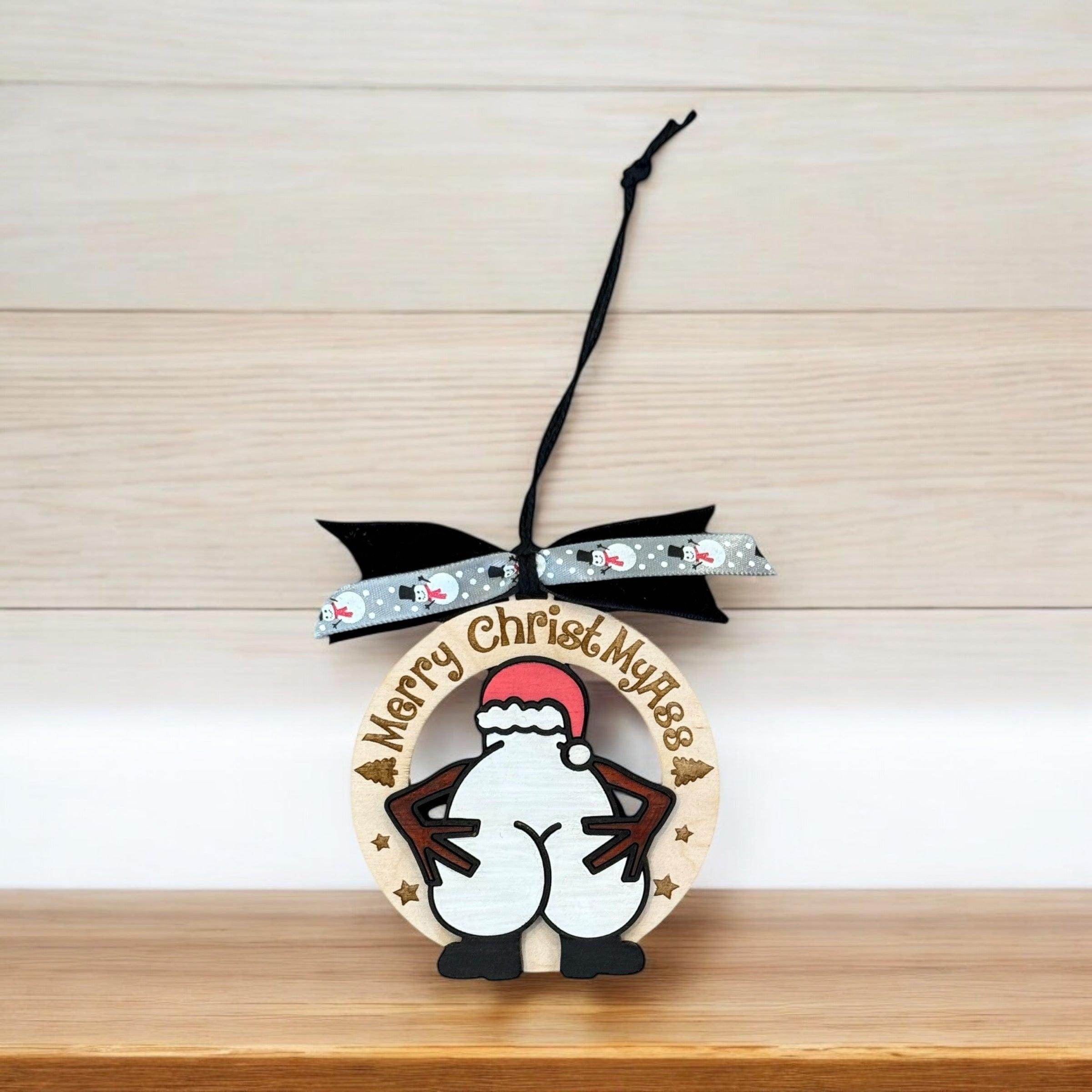 Humorous Wooden Christmas Ornaments - “Merry ChristMyA” and “2024 Can Kiss” - Funny Holiday Decor - Coastal Chaos LLC
