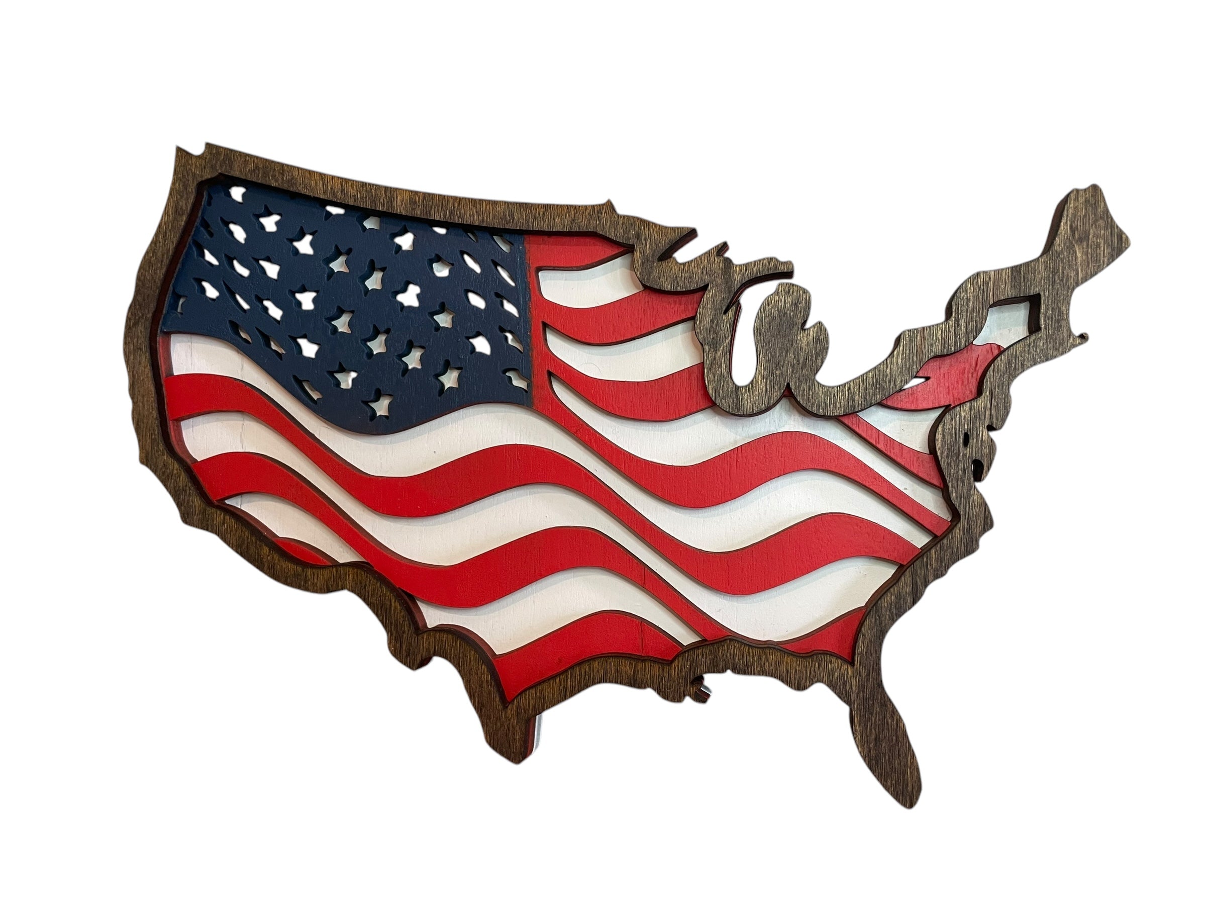 The image is a wooden cutout of the United States of America, featuring the iconic American flag design.