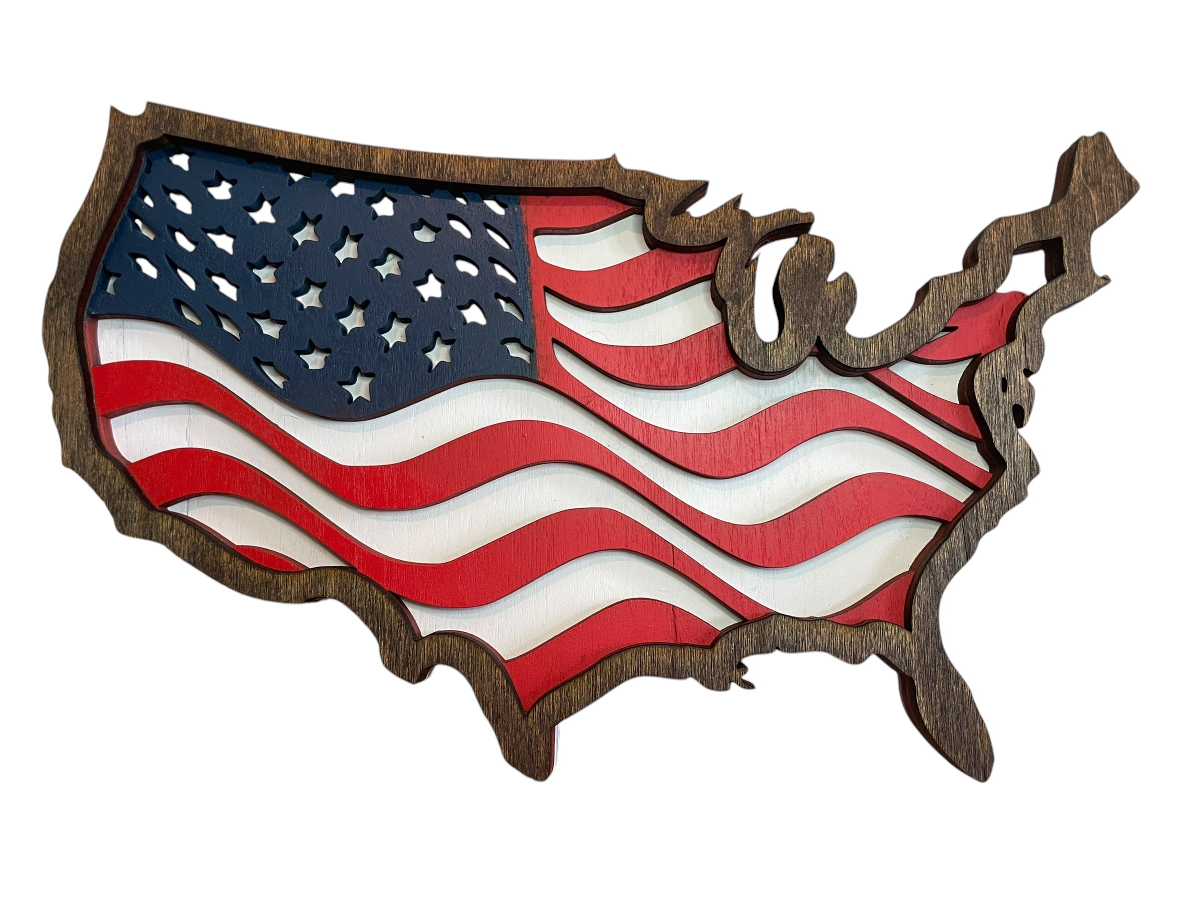 The image is a wooden cutout of the United States of America, featuring the iconic American flag design.