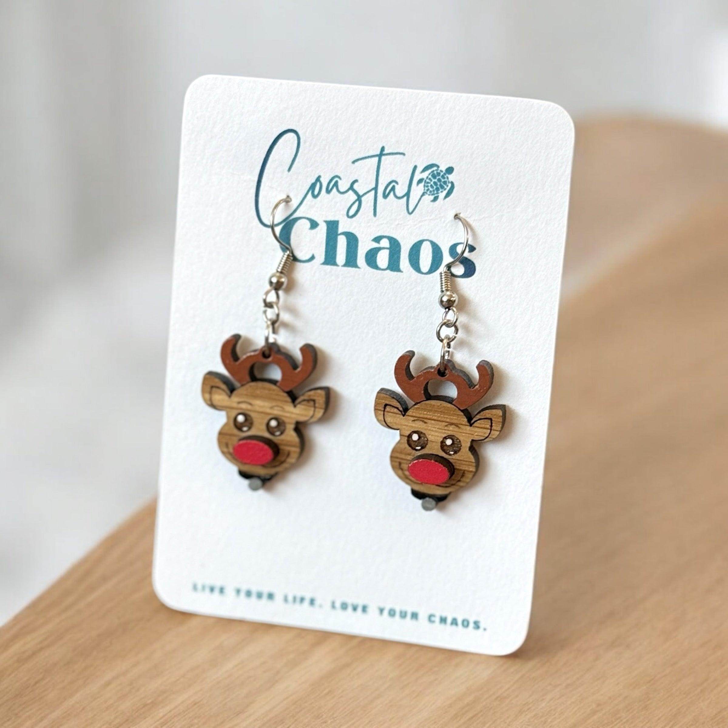 Cute Wooden Reindeer Earrings - Festive Christmas Jewelry by Coastal Chaos - Coastal Chaos LLC