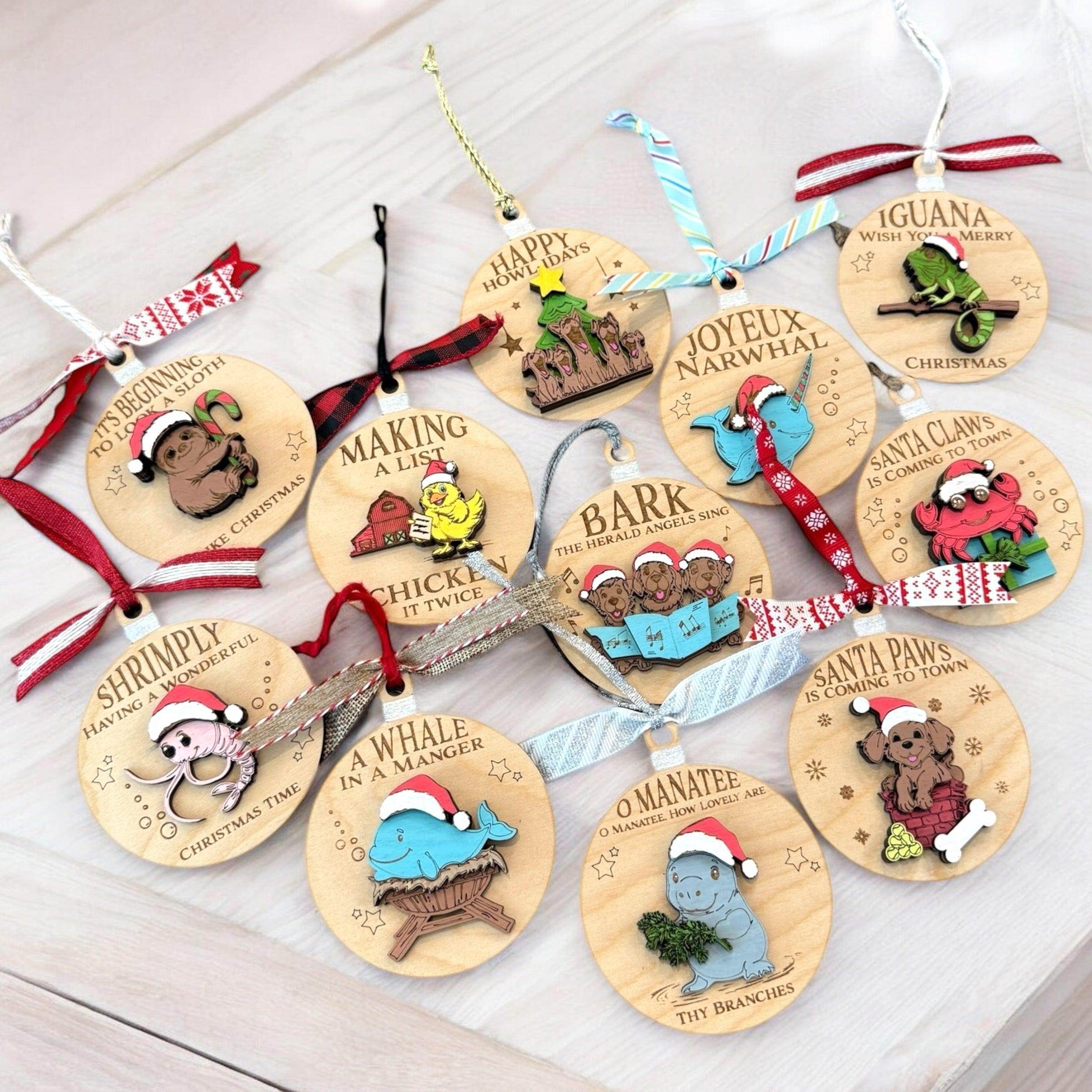 Fun animal ornaments, handcrafted wooden Christmas ornaments - Coastal Chaos LLC