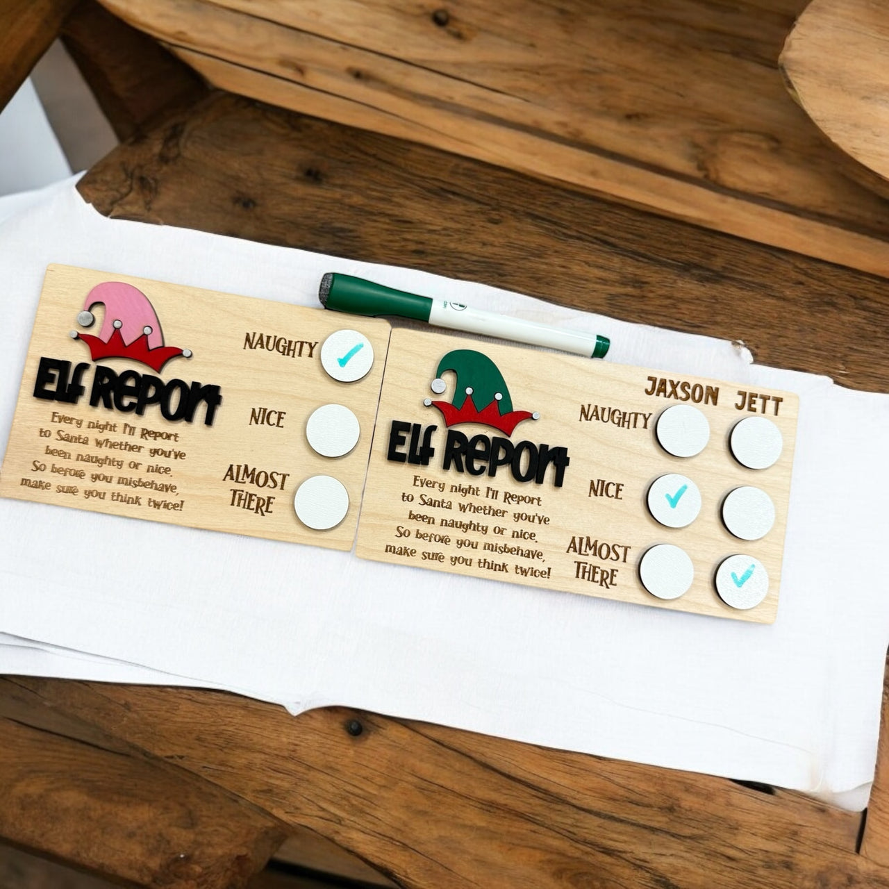 Personalized Elf Report & Message Boards – Wooden Dry Erase Christmas Keepsakes