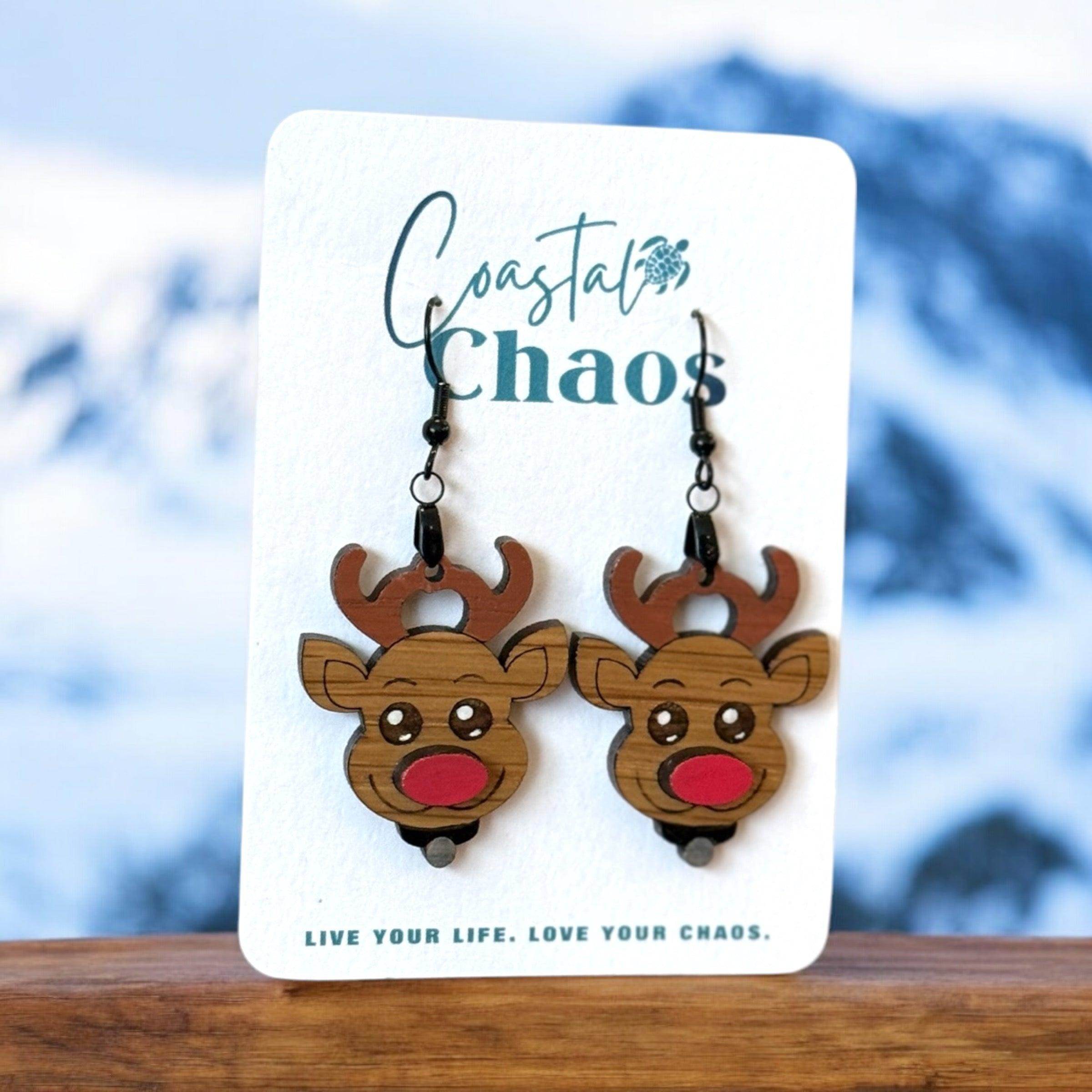 Cute Wooden Reindeer Earrings - Festive Christmas Jewelry by Coastal Chaos - Coastal Chaos LLC