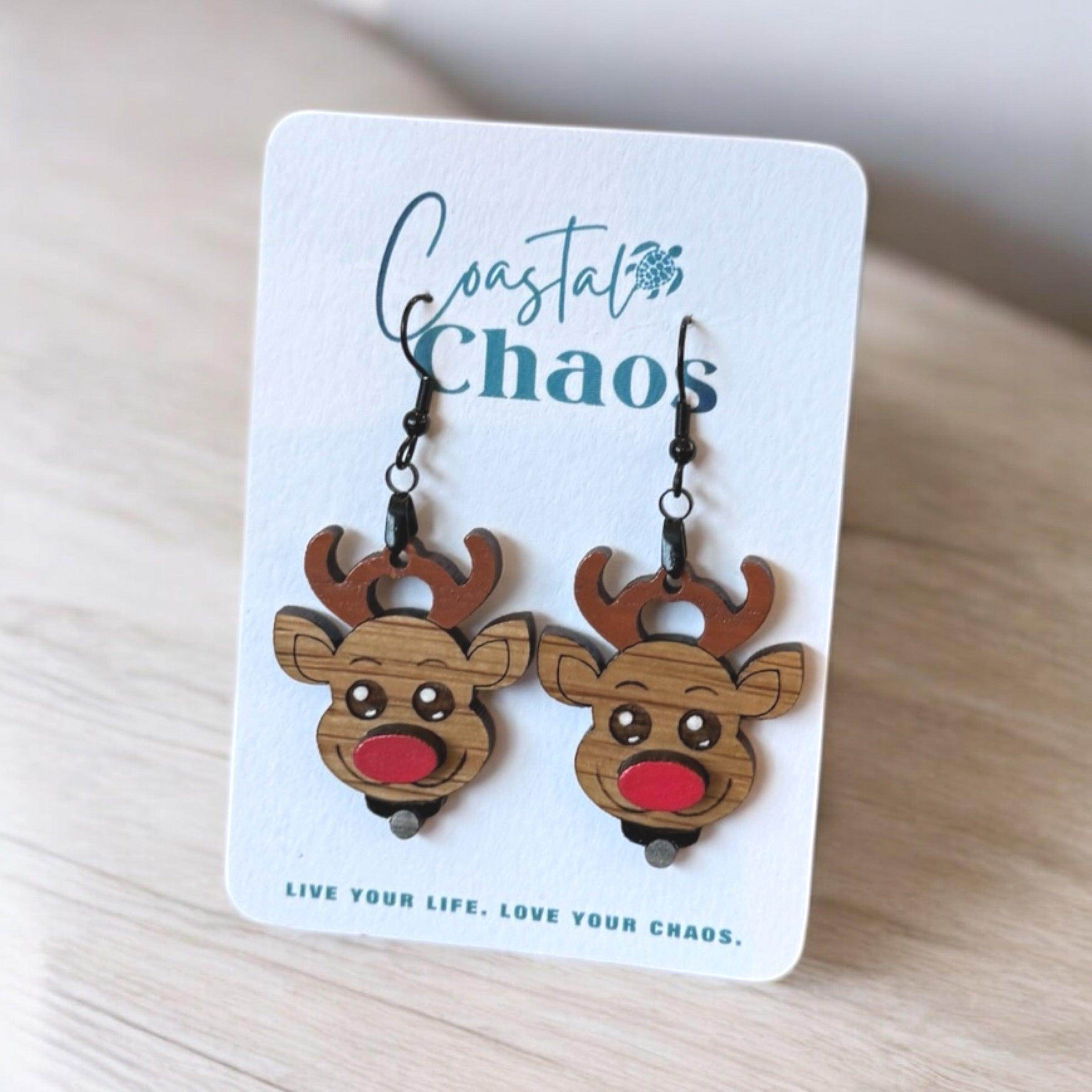 Cute Wooden Reindeer Earrings - Festive Christmas Jewelry by Coastal Chaos - Coastal Chaos LLC