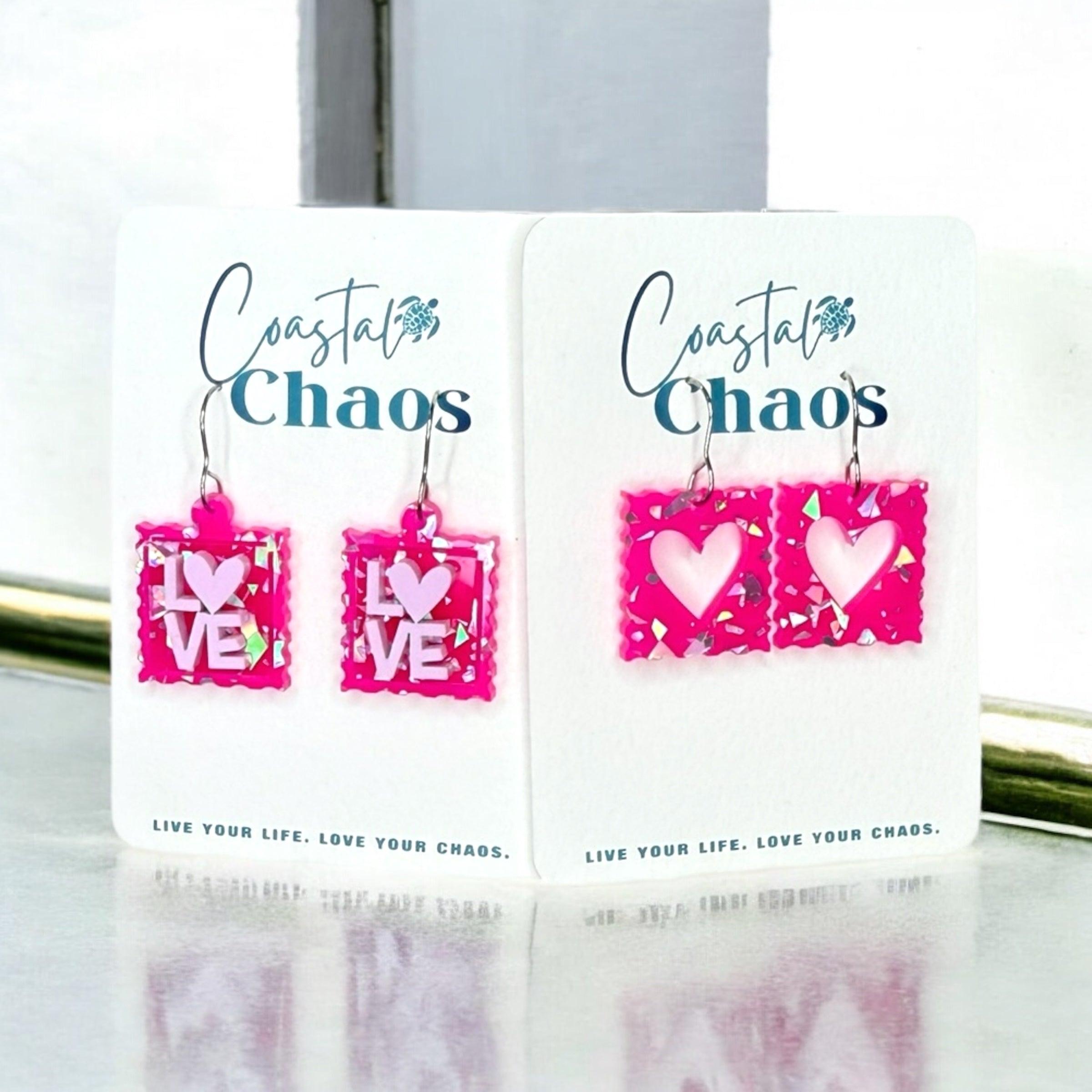 Valentine’s Day Love Stamp Earrings – Acrylic Postage Stamp Dangle Earrings in Multiple Colors & Styles - Coastal Chaos LLC