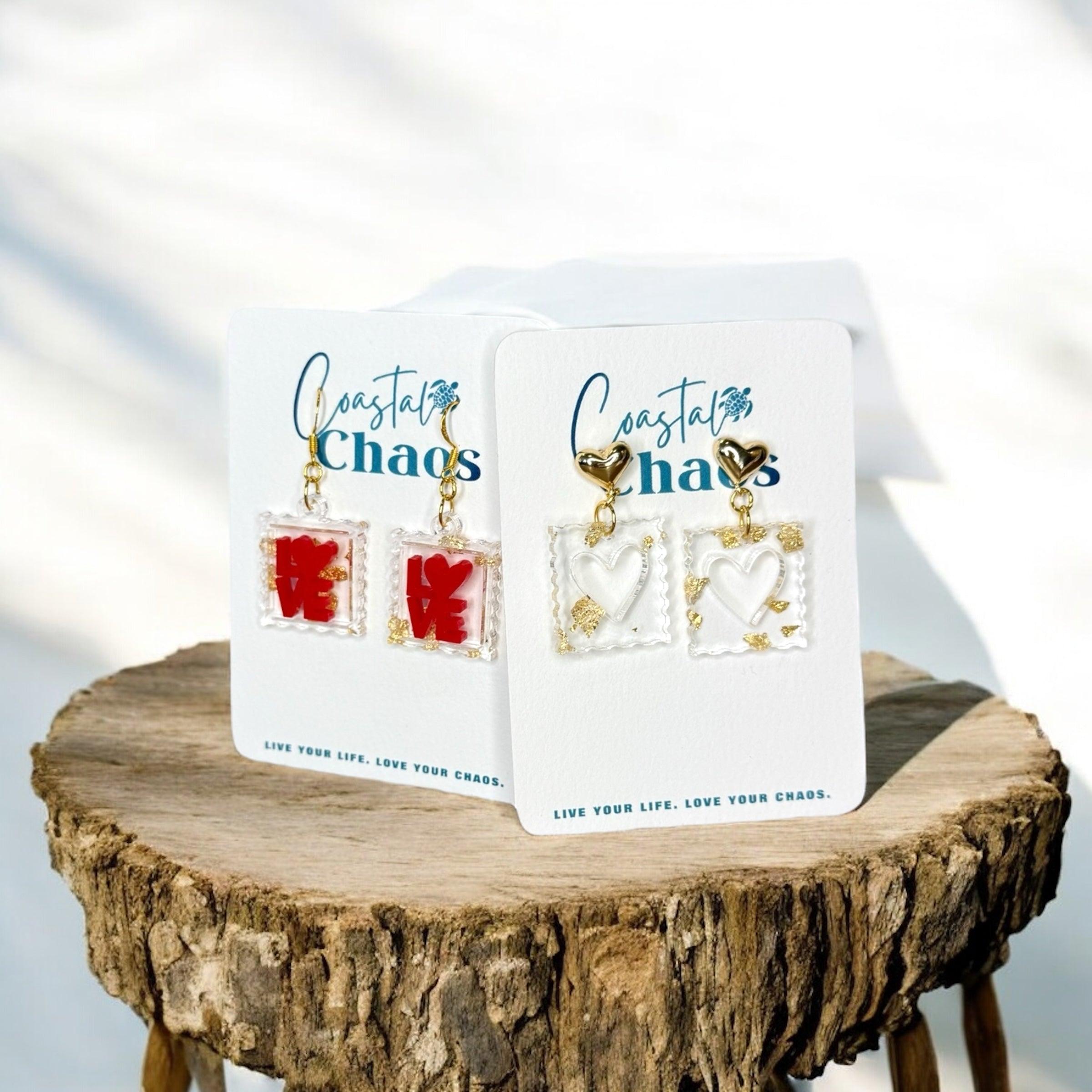 Valentine’s Day Love Stamp Earrings – Acrylic Postage Stamp Dangle Earrings in Multiple Colors & Styles - Coastal Chaos LLC