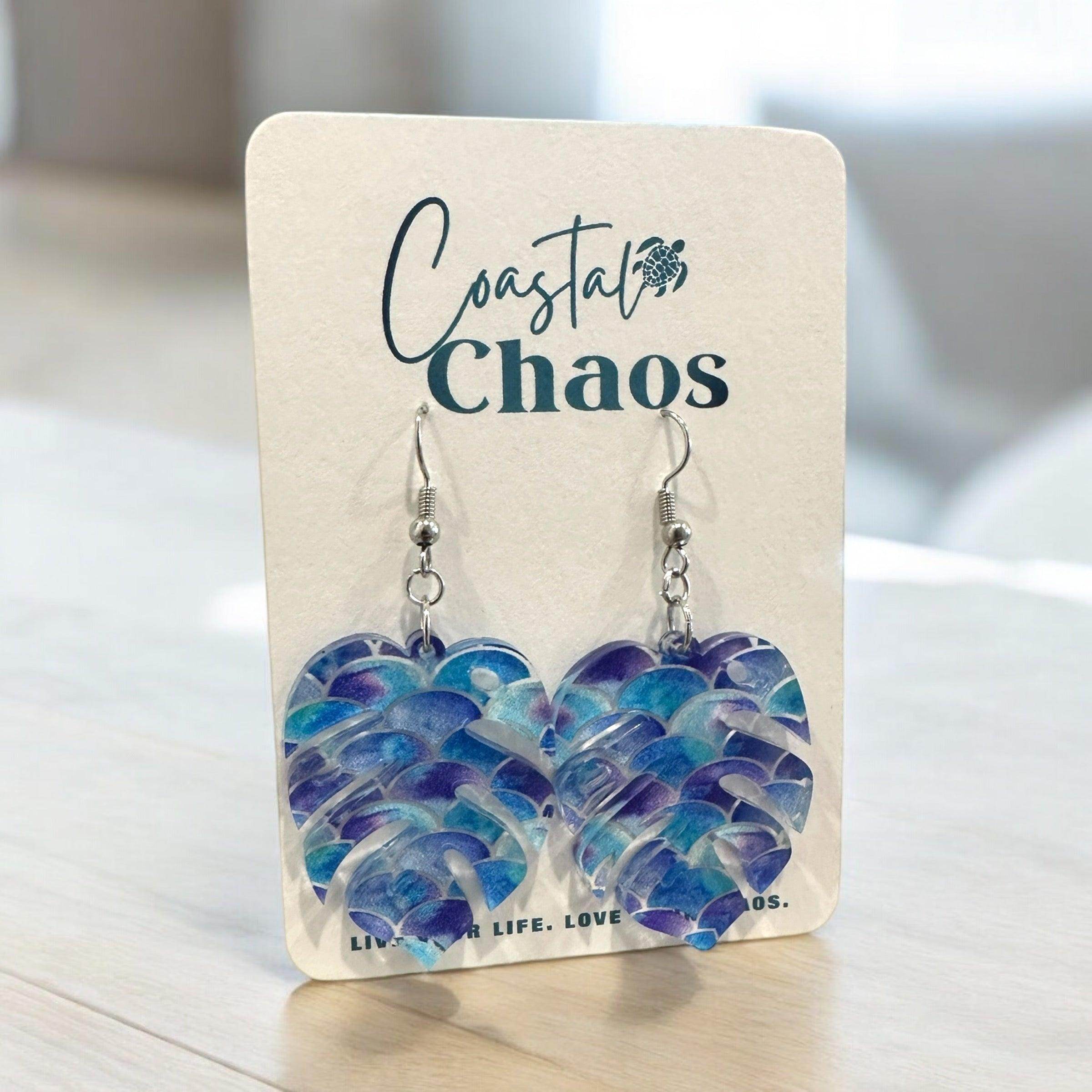 Mermaid pattern earrings, leaf, mermaid tail, mermaid scales, dangle earrings - Coastal Chaos LLC