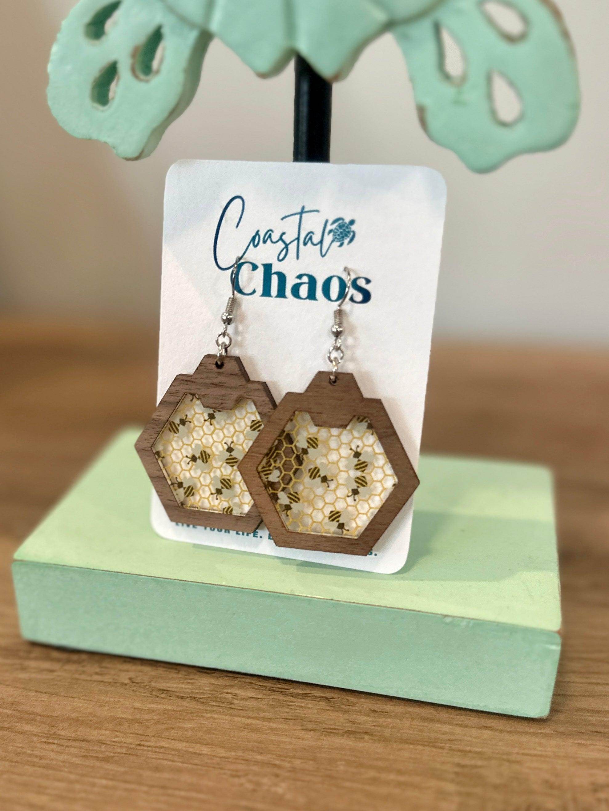 Bee earrings, walnut wood custom earrings, honeycomb earrings - Coastal Chaos LLC