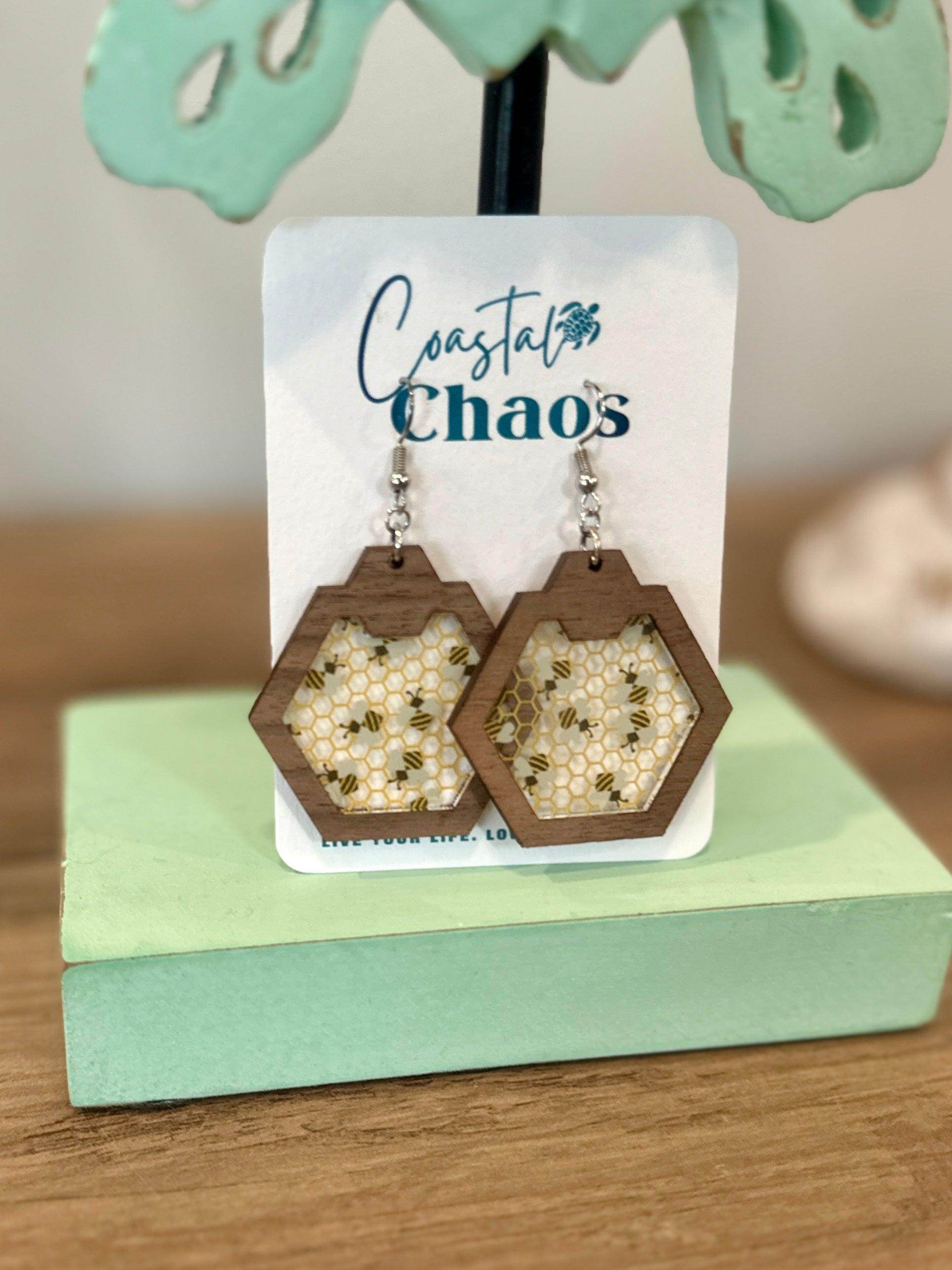 Bee earrings, walnut wood custom earrings, honeycomb earrings - Coastal Chaos LLC