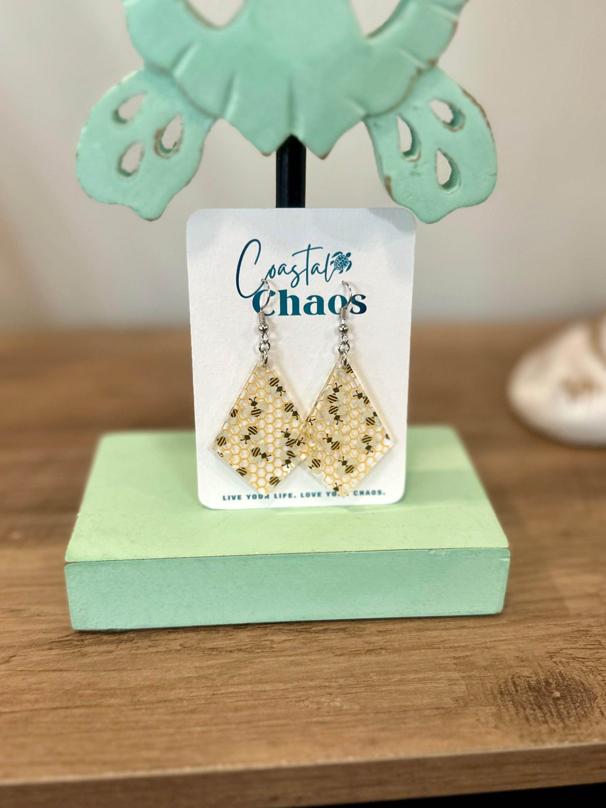 Honeybee earrings, acrylic earrings, honeycomb earrings - Coastal Chaos LLC
