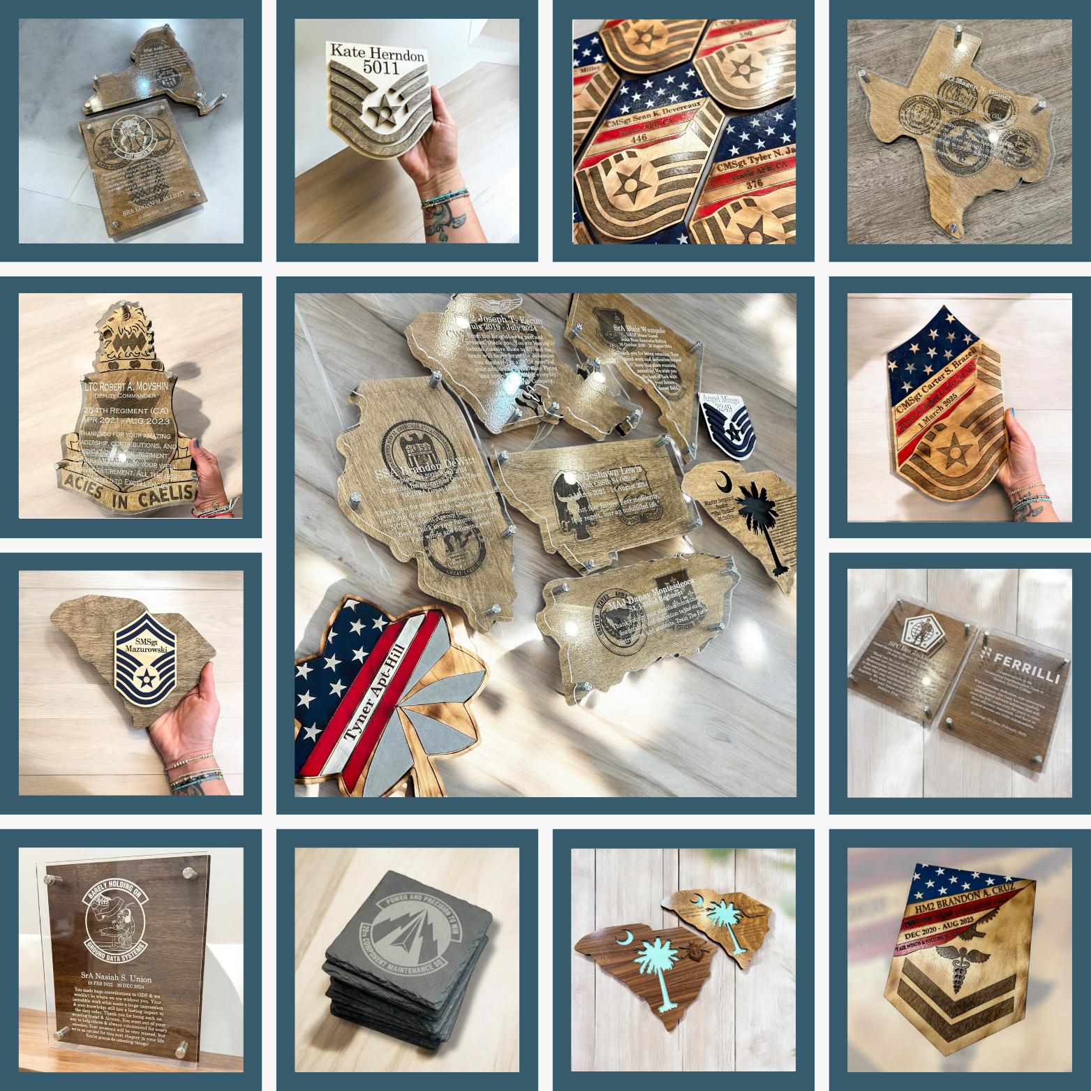 Collage of various Military wooden engraved items with different designs and text.