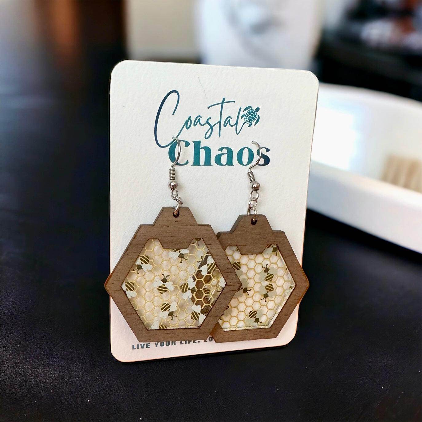 Bee earrings, walnut wood custom earrings, honeycomb earrings - Coastal Chaos LLC
