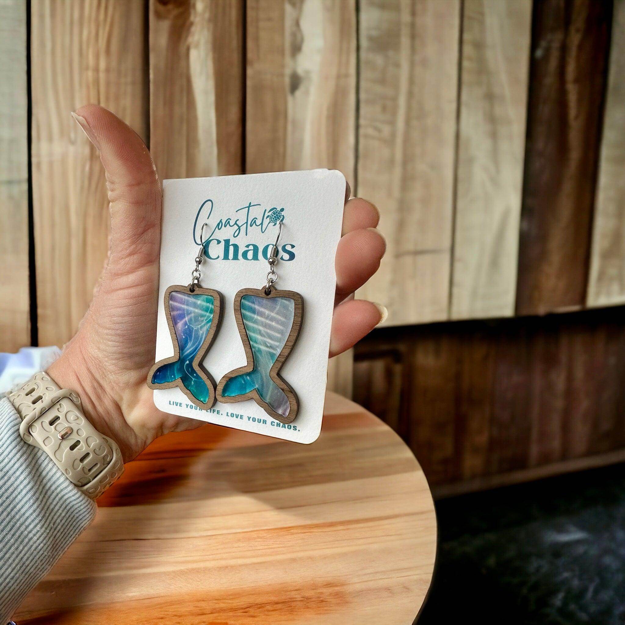Mermaid tail earrings, walnut wood custom earrings - Coastal Chaos LLC
