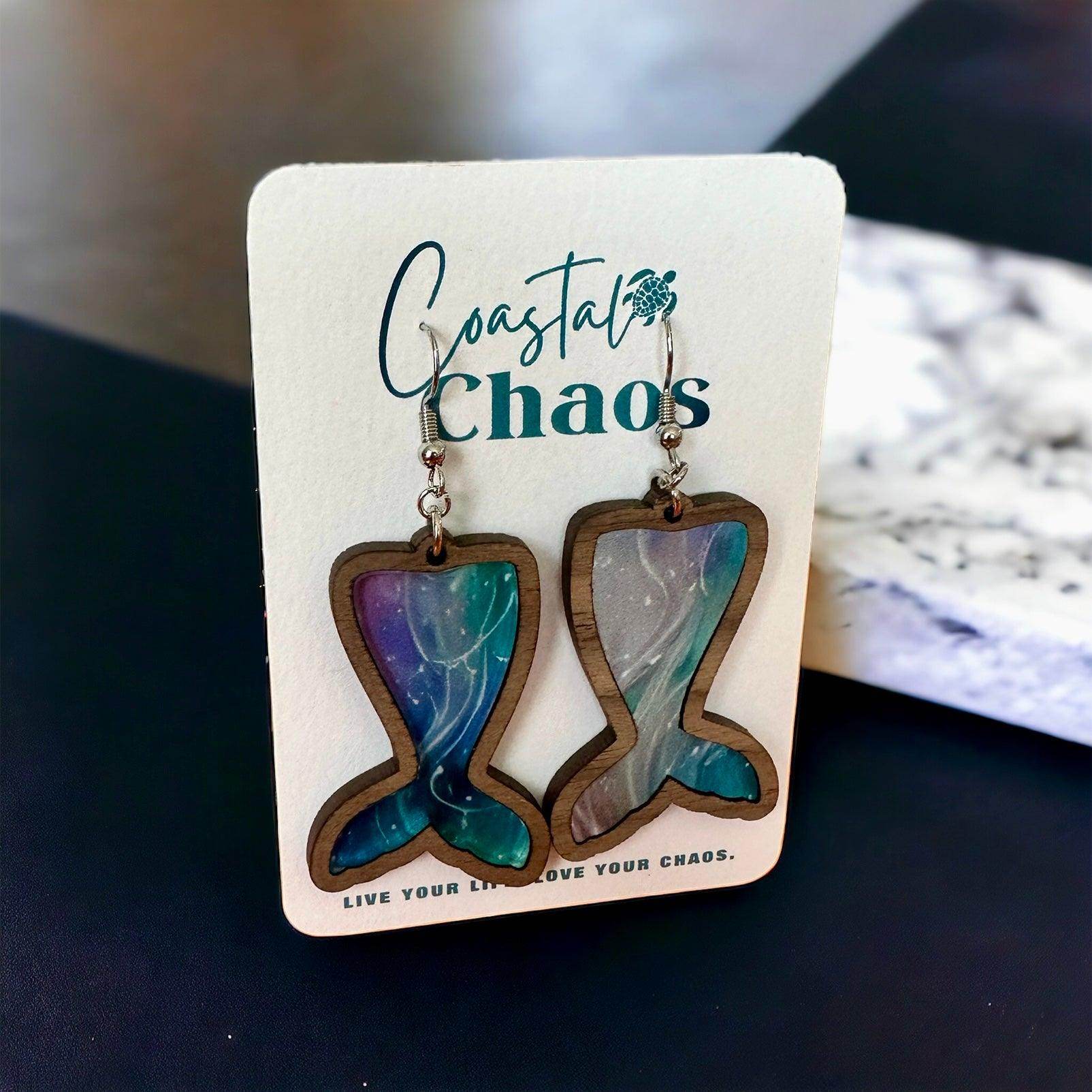 Mermaid tail earrings, walnut wood custom earrings - Coastal Chaos LLC