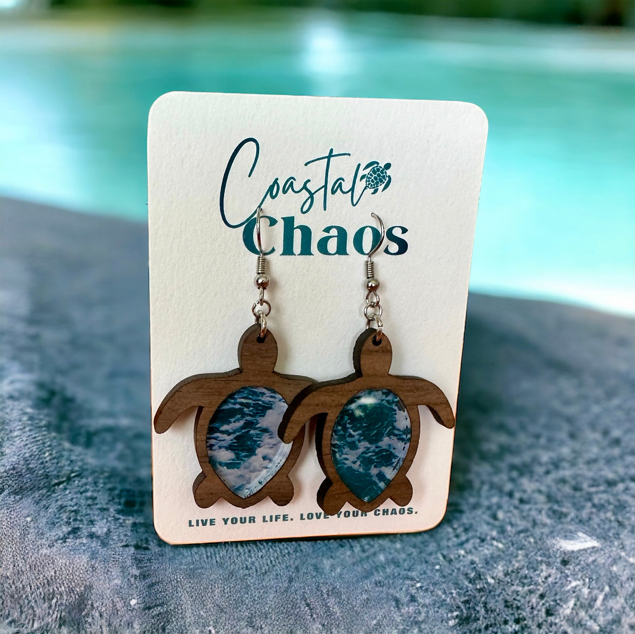 Sea Turtle Earrings – Handcrafted Walnut Wood Custom Wave Pattern Jewelry