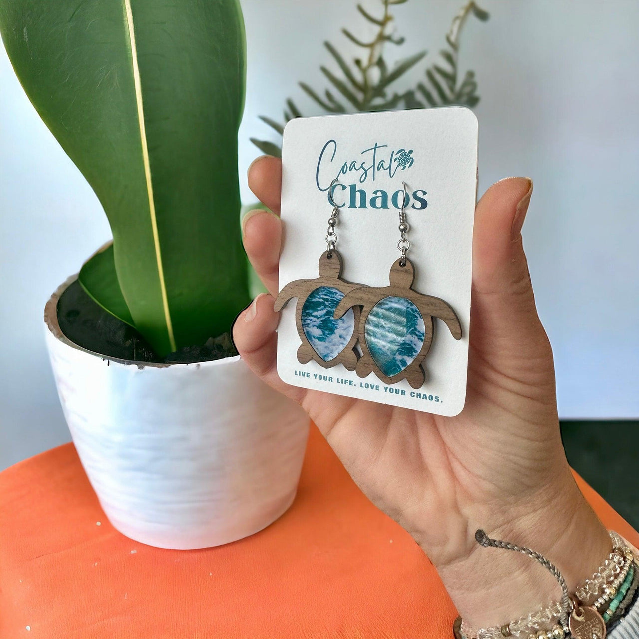 Sea turtle earrings, walnut wood custom earrings - Coastal Chaos LLC