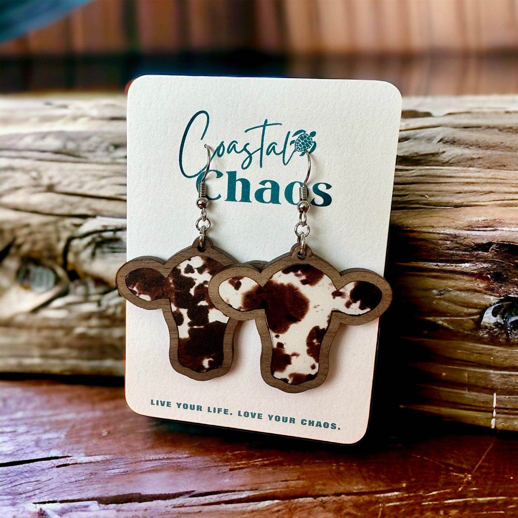 Cow earrings, walnut wood custom earrings - Coastal Chaos LLC
