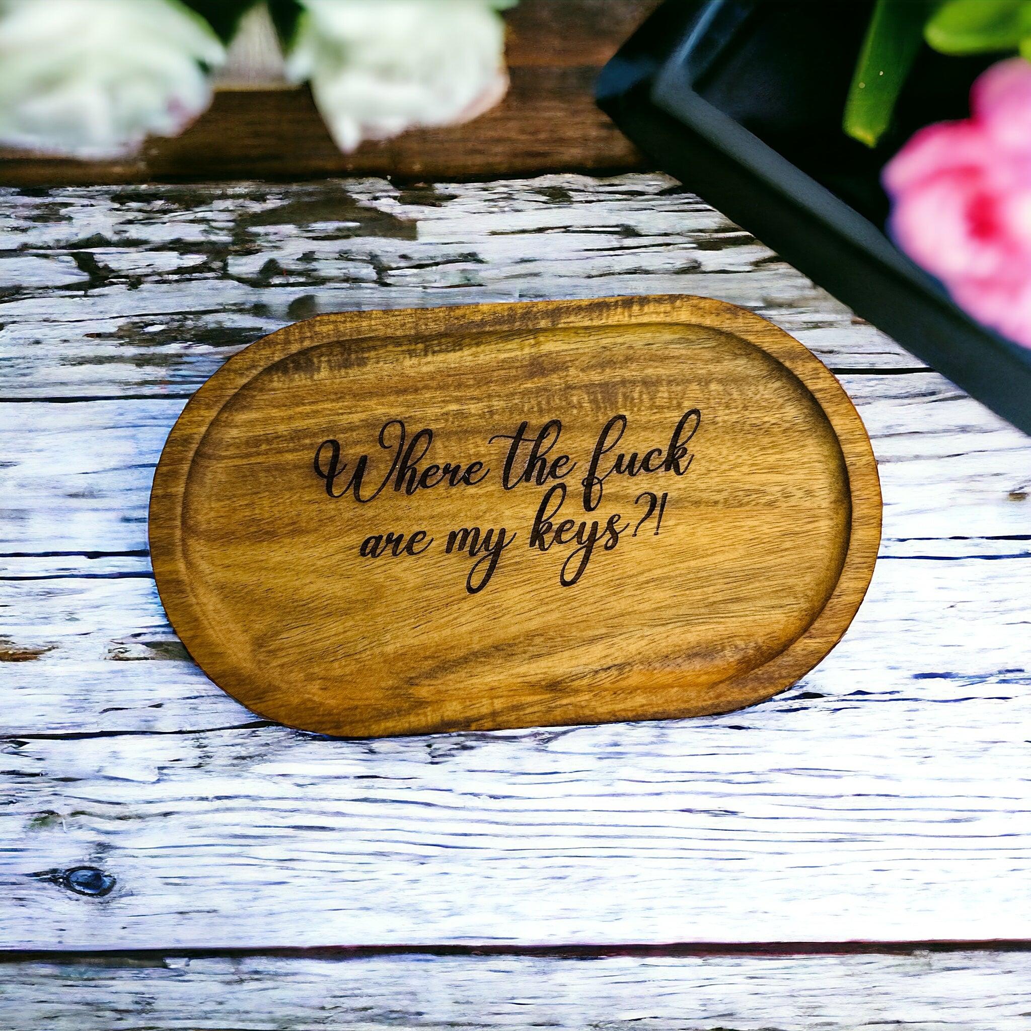 Wood Tray - Engraved Key or Jewelry Dish, Wedding Gift, Bedside or Desk Tray Gift, Jewelry wood tray, custom key holder - Coastal Chaos LLC