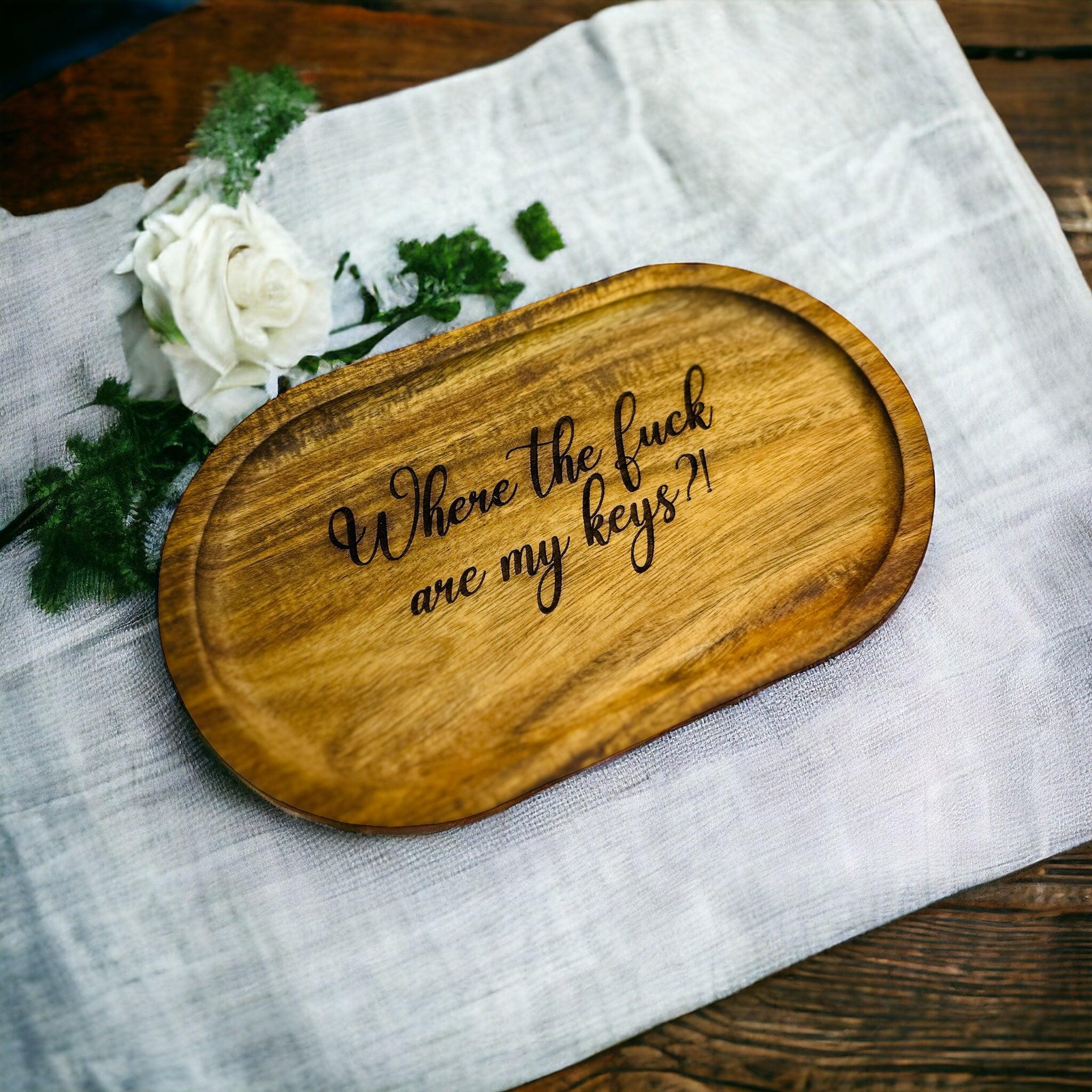 Wood Tray - Engraved Key or Jewelry Dish, Wedding Gift, Bedside or Desk Tray Gift, Jewelry wood tray, custom key holder - Coastal Chaos LLC