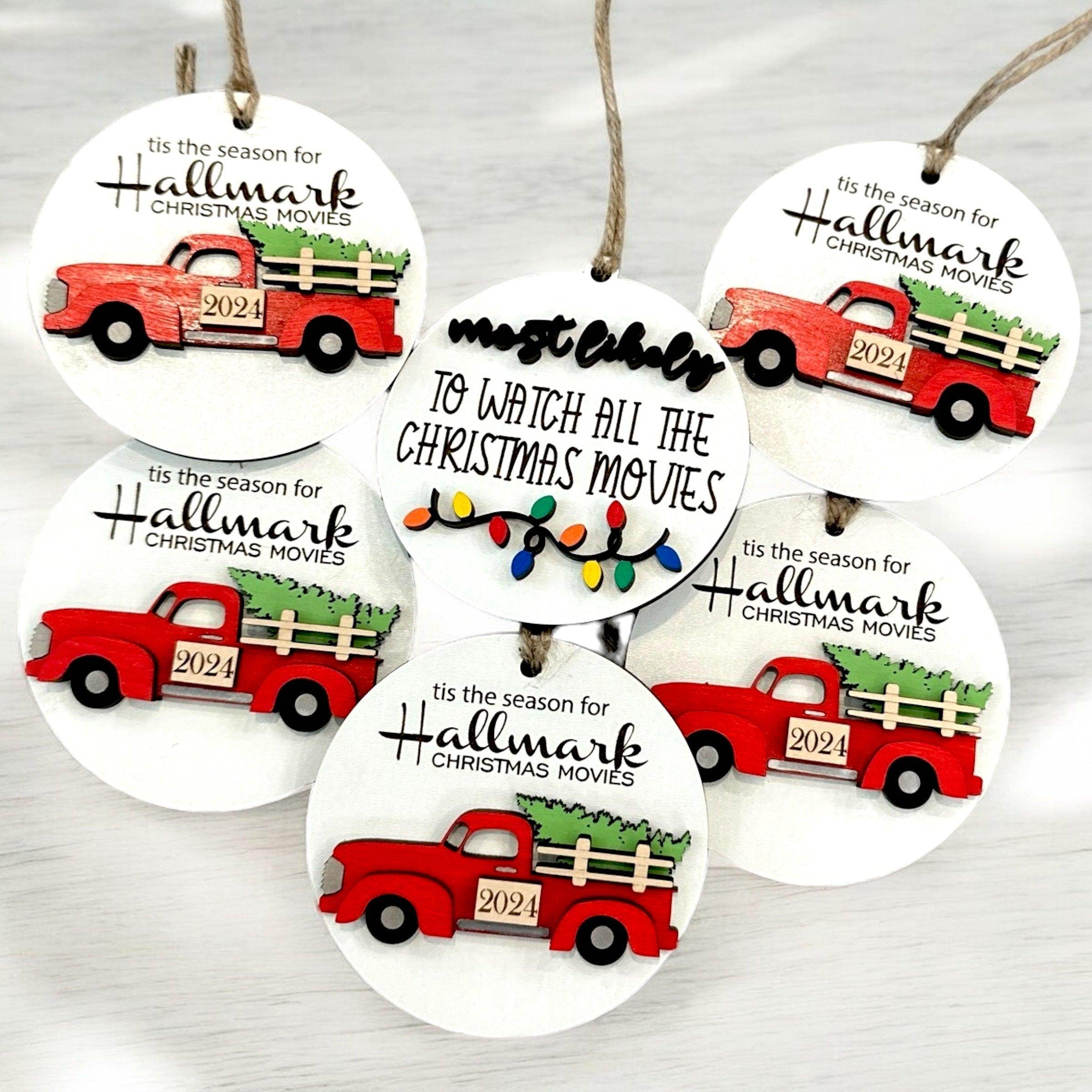 Custom wooden ornament, Hallmark ornament, hallmark movies watching, present, decor, Christmas movies, red truck - Coastal Chaos LLC