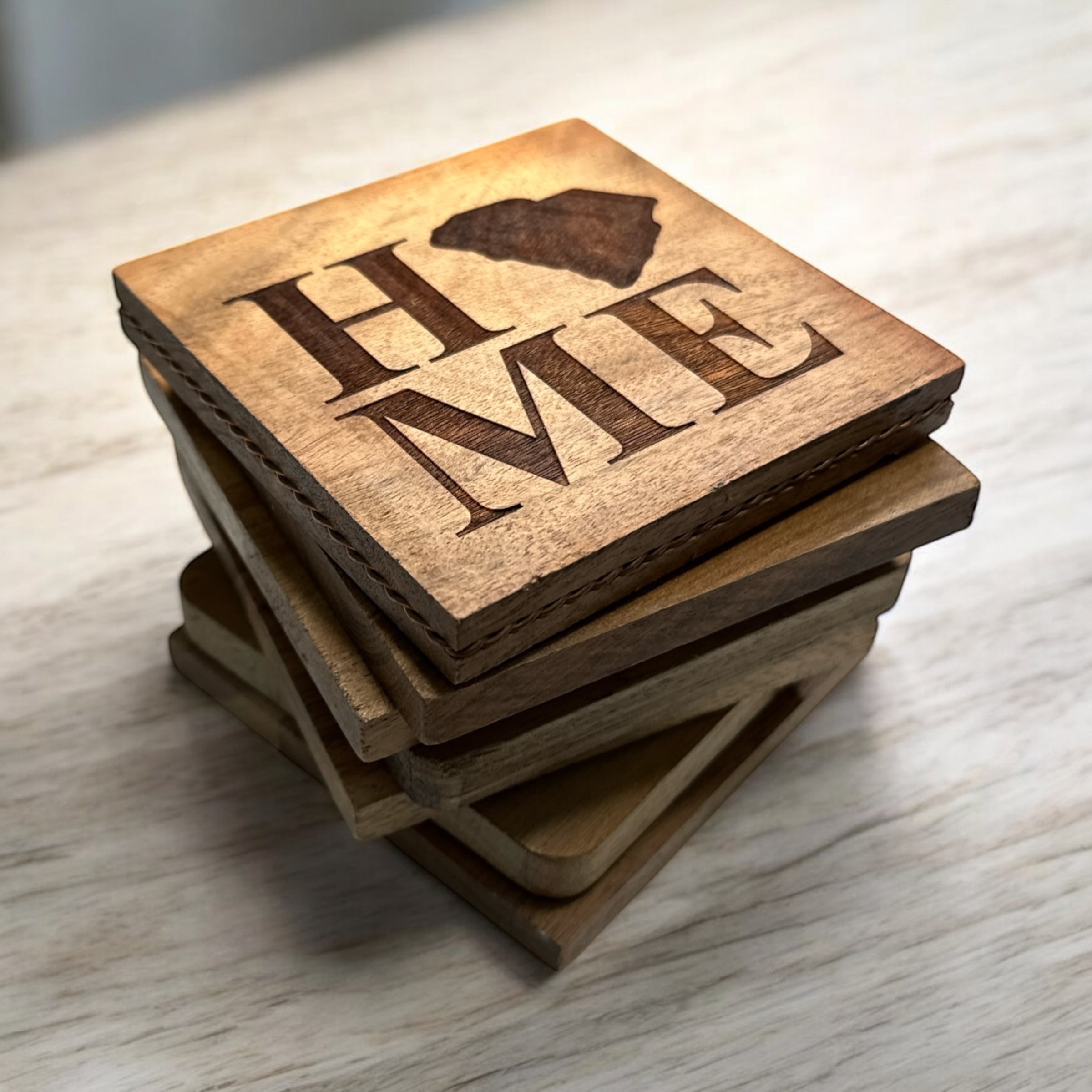 Personalized Wooden Coasters | Custom State Coasters with Laser Engraved HOME Design
